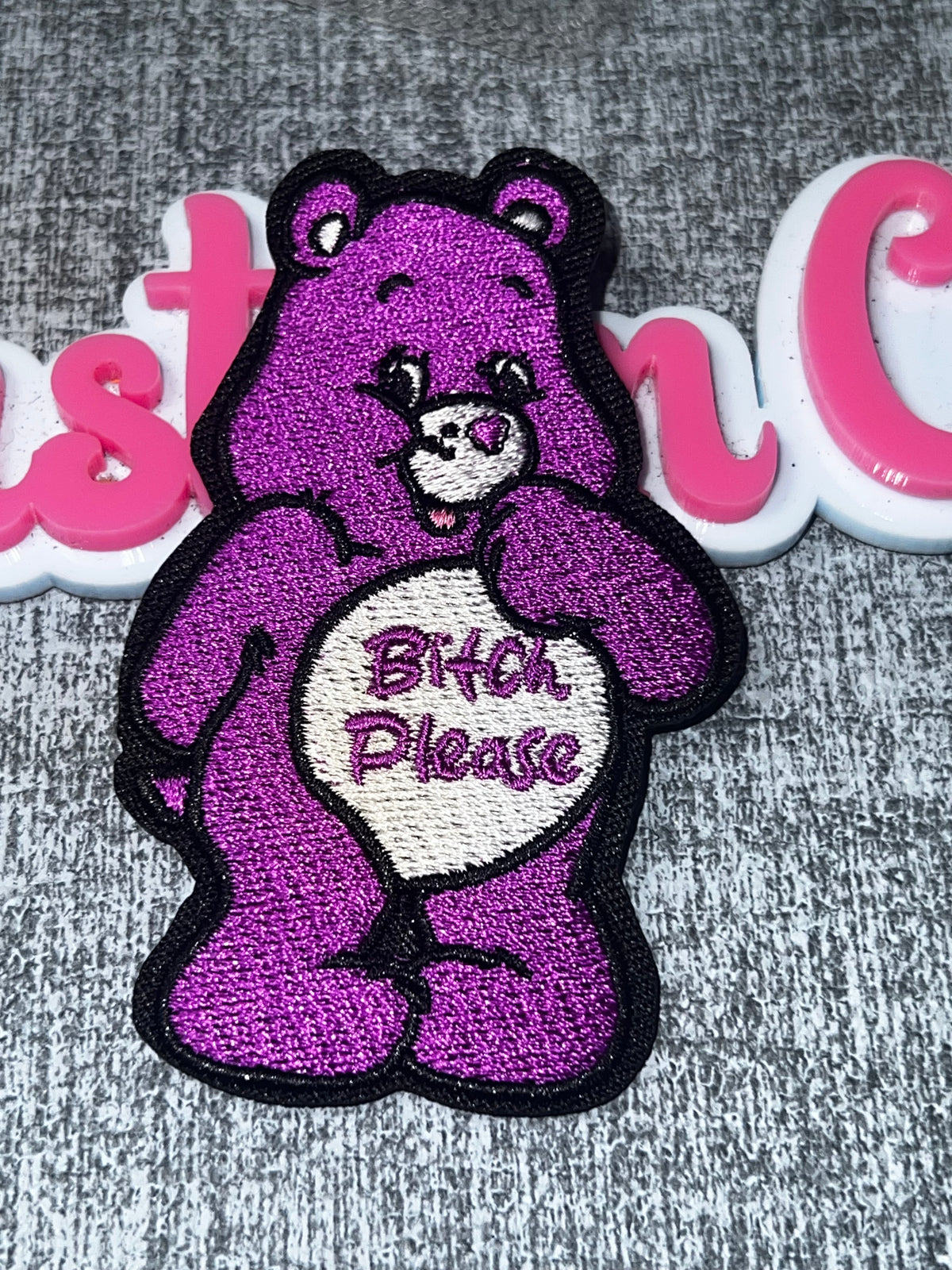 Purple “B*tch Please” Bear Patch – Embroidered Iron-On Applique