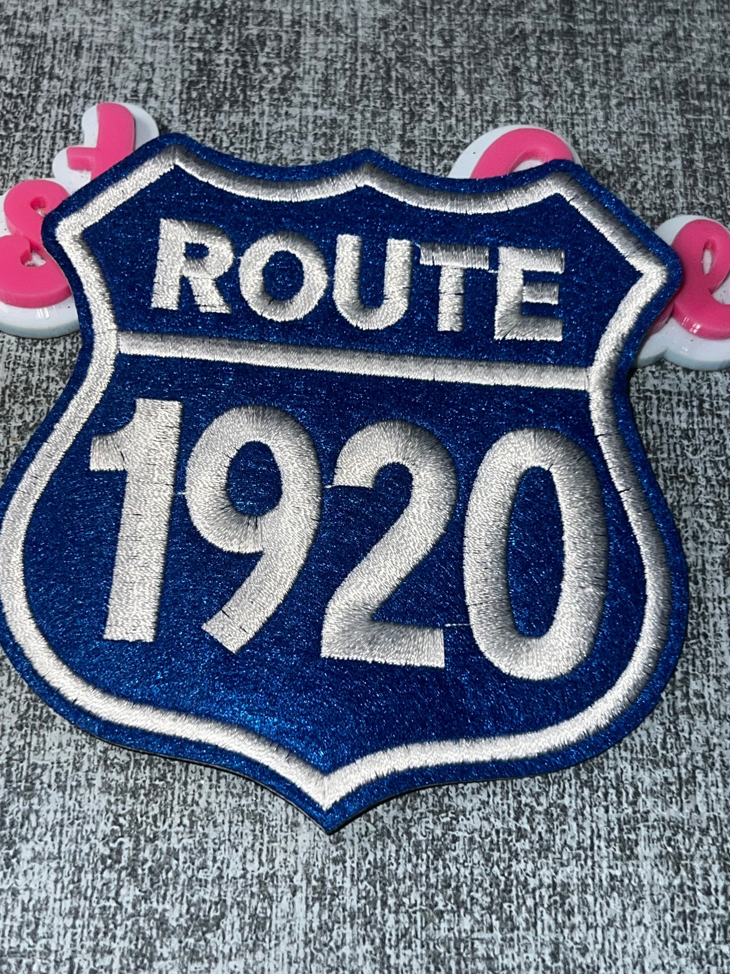 Blue White Route 1920 Embroidered Iron-On Patch | Shield Shape Statement Applique for Jackets and Bags Zeta colors