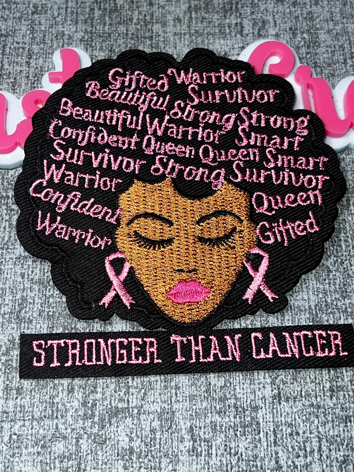 Stronger Than Cancer Afro Woman Patch Set – Breast Cancer Awareness Embroidered Iron On Applique