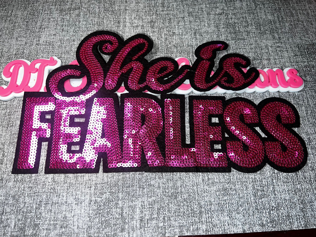 She Is Fearless Pink Sequin Statement Patch – Iron On Applique