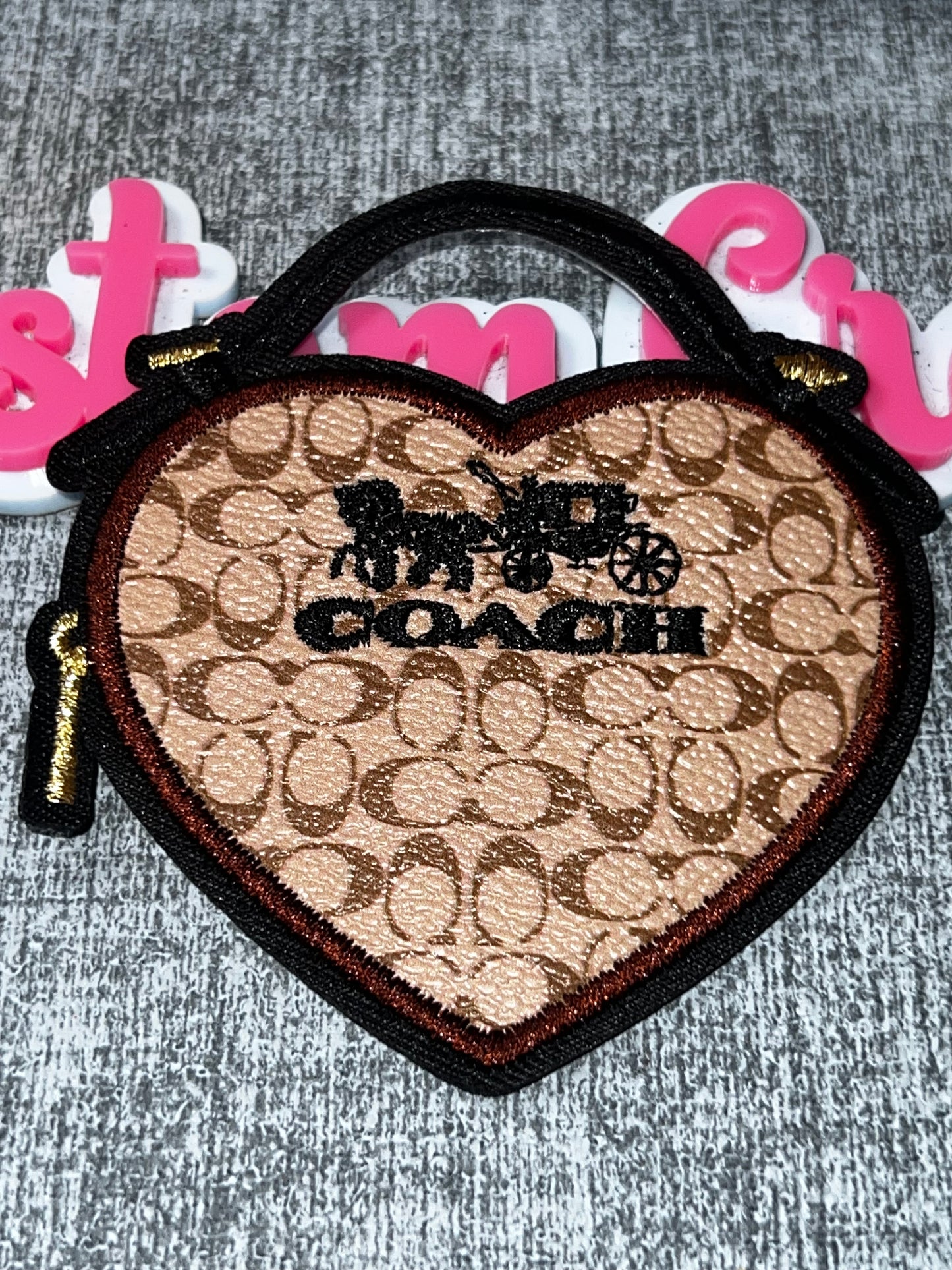 Heart Shaped Tan Signature Handbag Embroidered Patch – Fashion Purse Iron On Applique