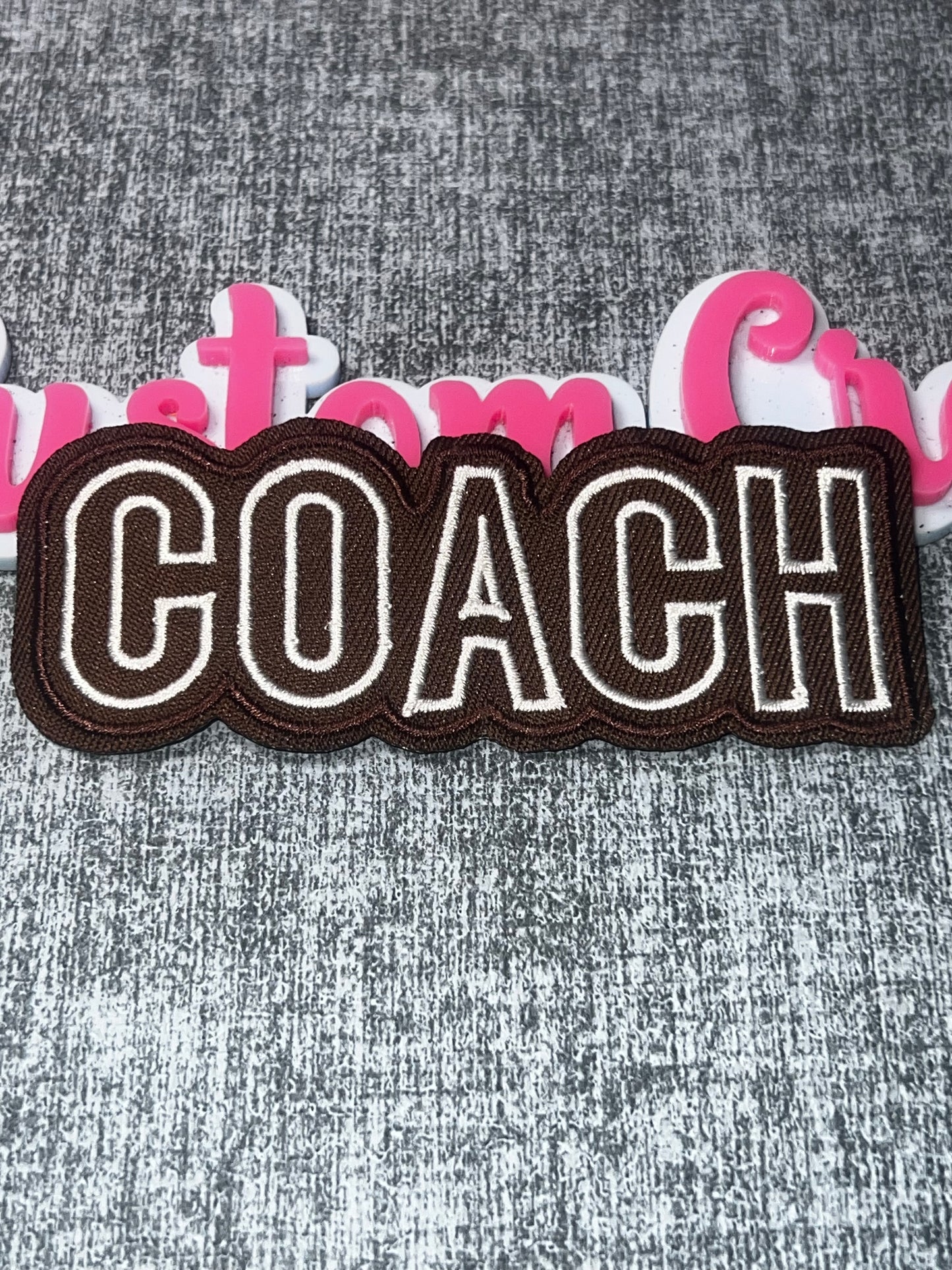 Coach Script Embroidered Iron-On Patch – Brown Decorative Lettering Applique