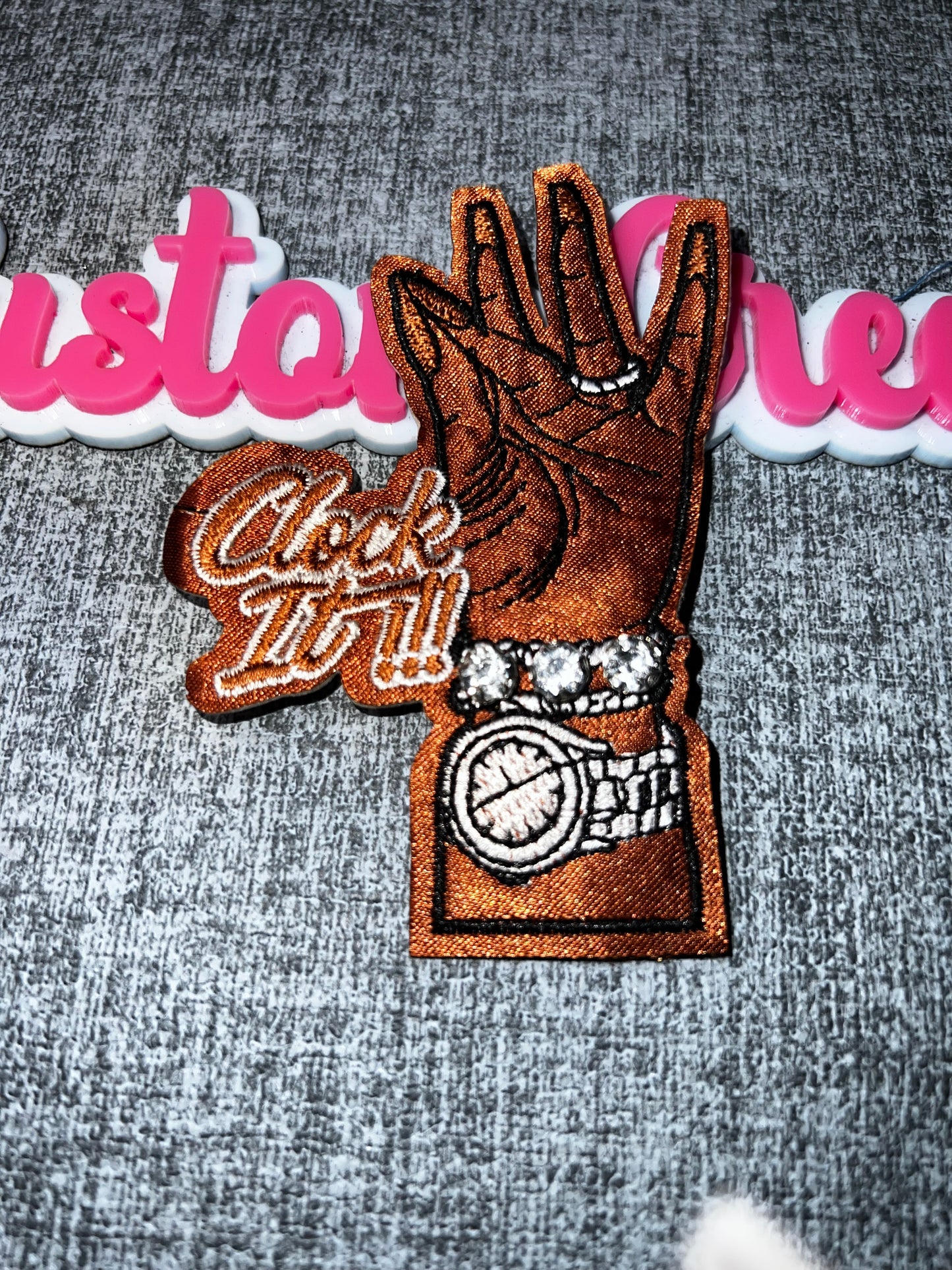 Clock It Hand Patch – White Nails Rhinestone Watch Embroidered Iron On Patch – Brown Skin Tone Applique – Approx. 4 Inch