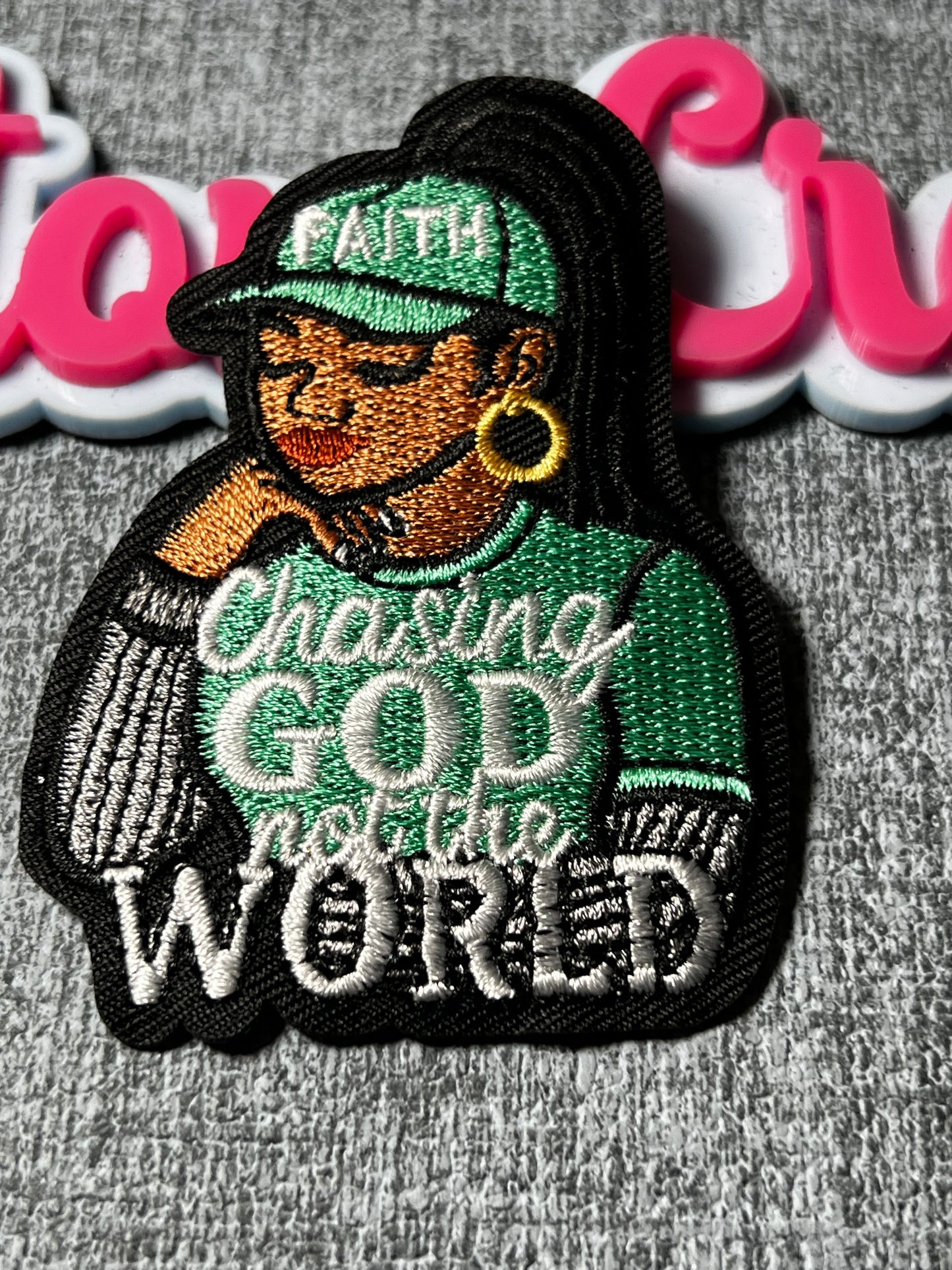 Chasing God Not The World Embroidered Patch – Green Faith Patch – Black Girl Inspirational Iron On Applique – Approx. 4 Inch