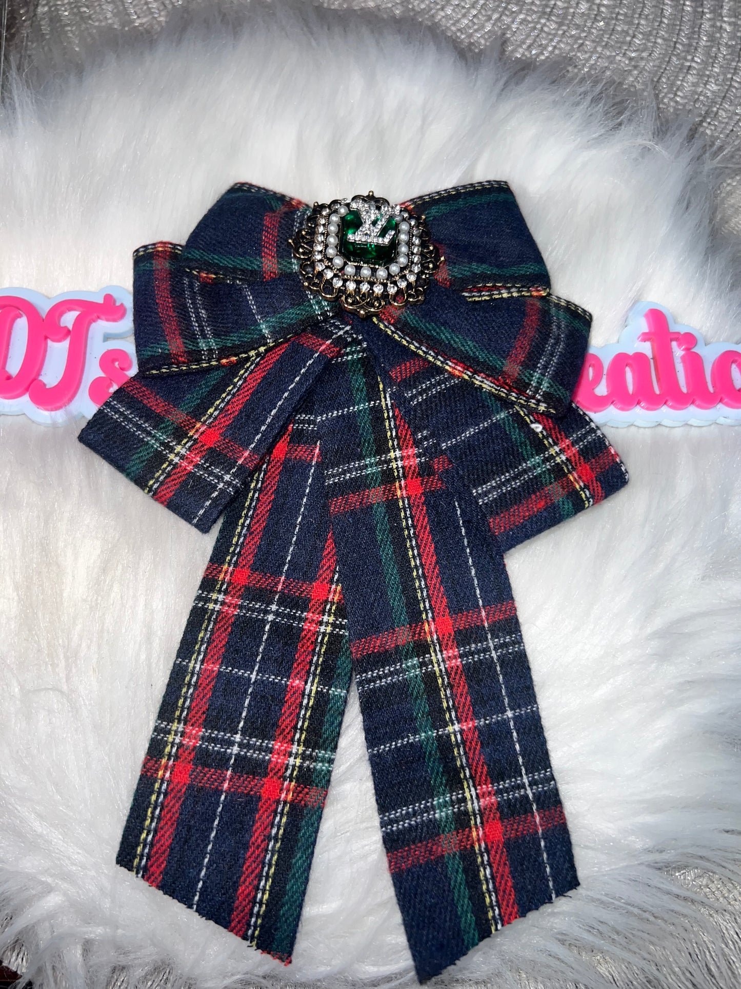 Plaid Rhinestone Initial Bow Brooch