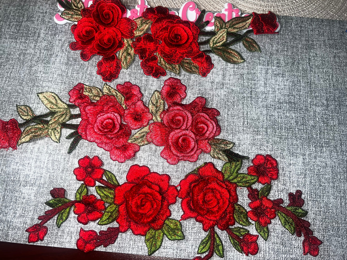 Red Floral Embroidered Iron-On Applique Set | 3-Piece Rose Flower Vine Patch Collection | Decorative Clothing Patch