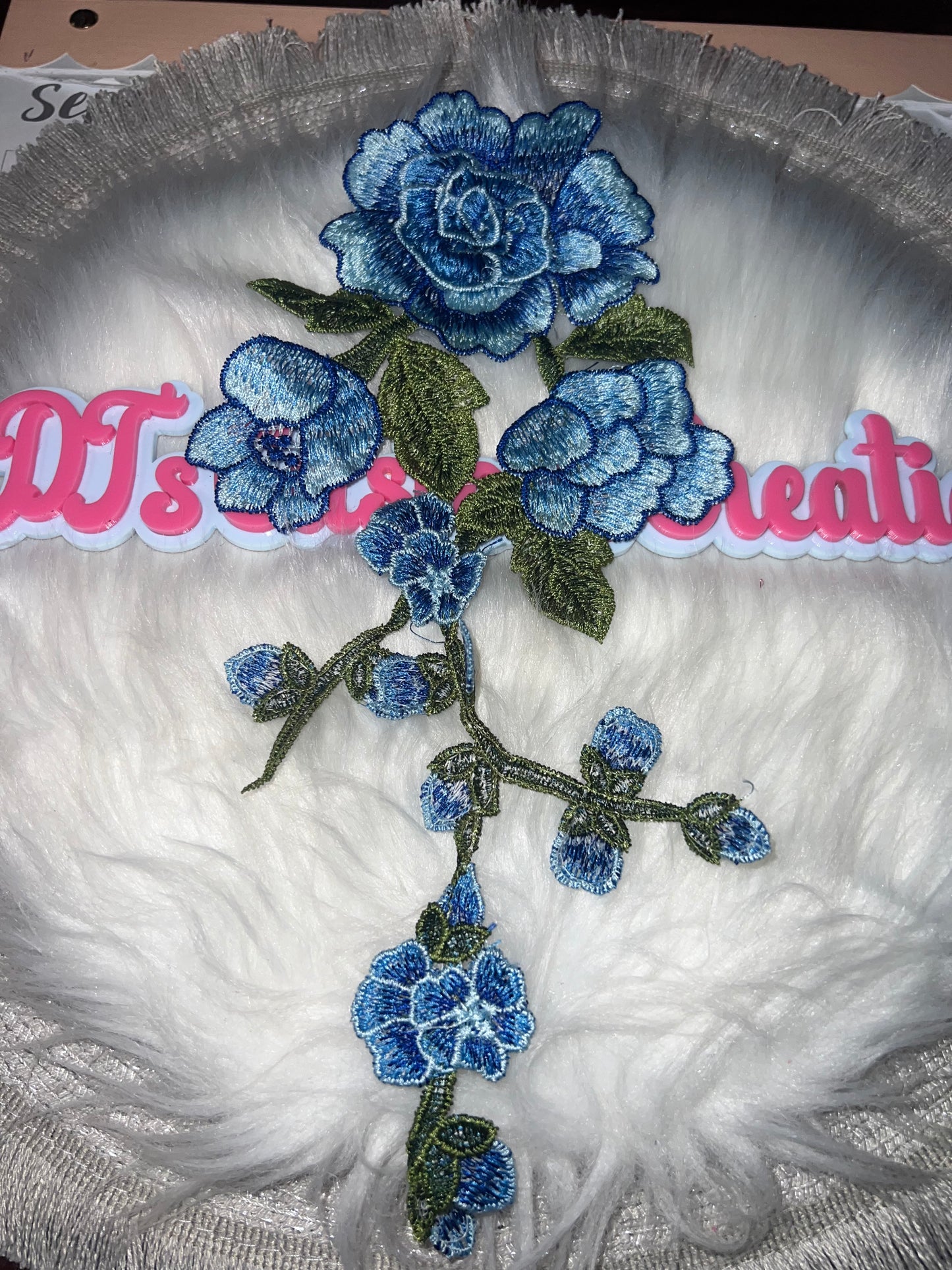 Long Blue Rose Vine Appliqué