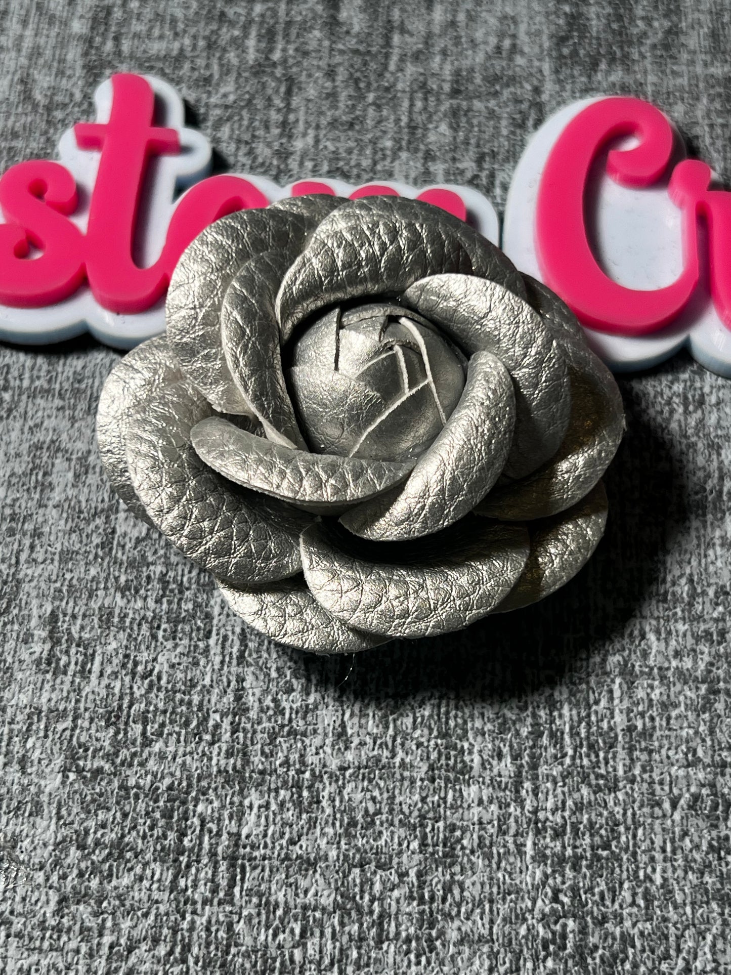Silver Faux Leather Rose – Metallic Flower Applique, Leather Embellishment, DIY Craft Supply