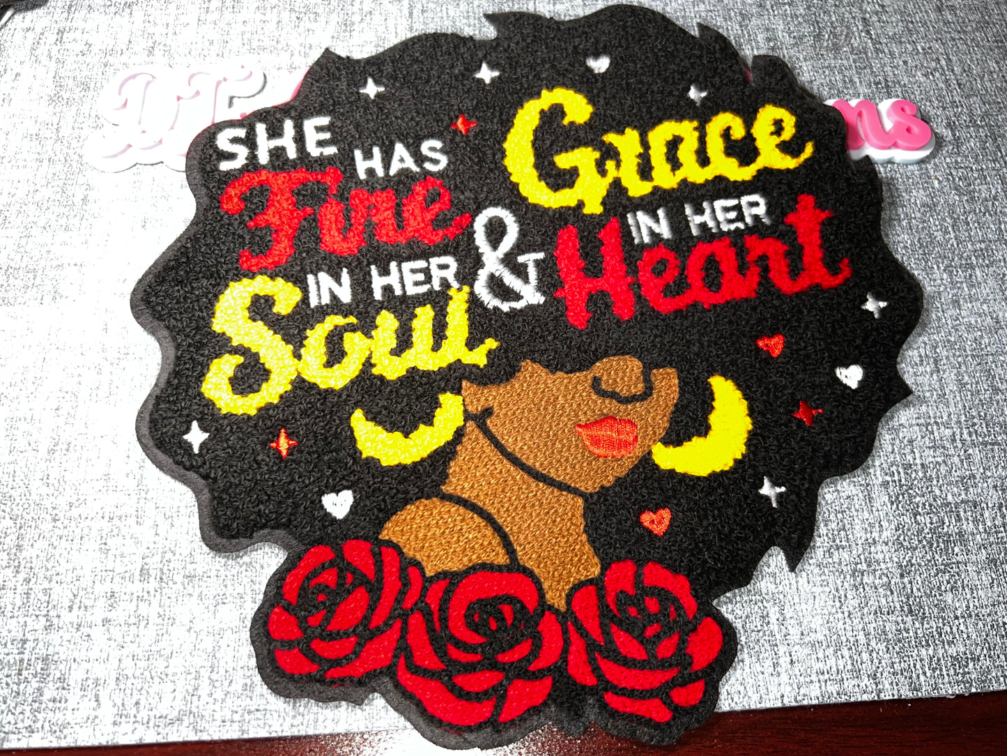 Fire & Grace Chenille Iron-On Patch – Embroidered Applique (Black) Large