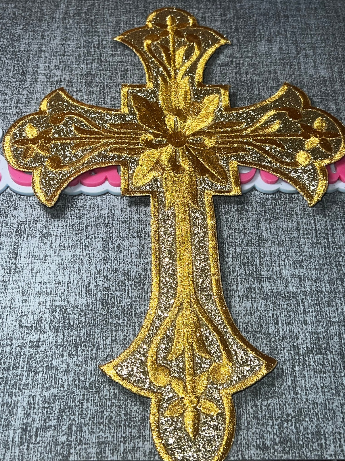 Gold Glitter Floral Cross Patch – Embroidered Iron On Applique