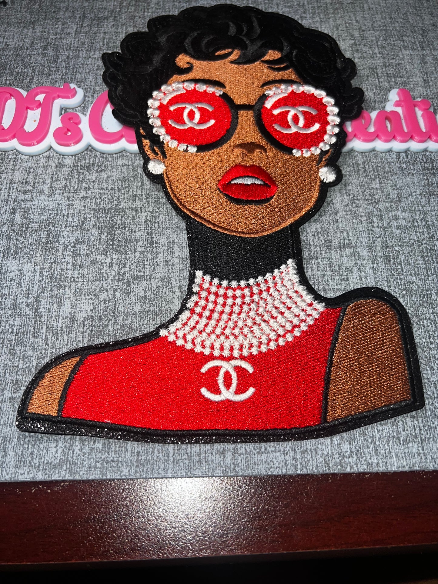Red Glam Fashion Lady Embroidered Iron-On Patch | Rhinestone Glasses Girl Appliqué