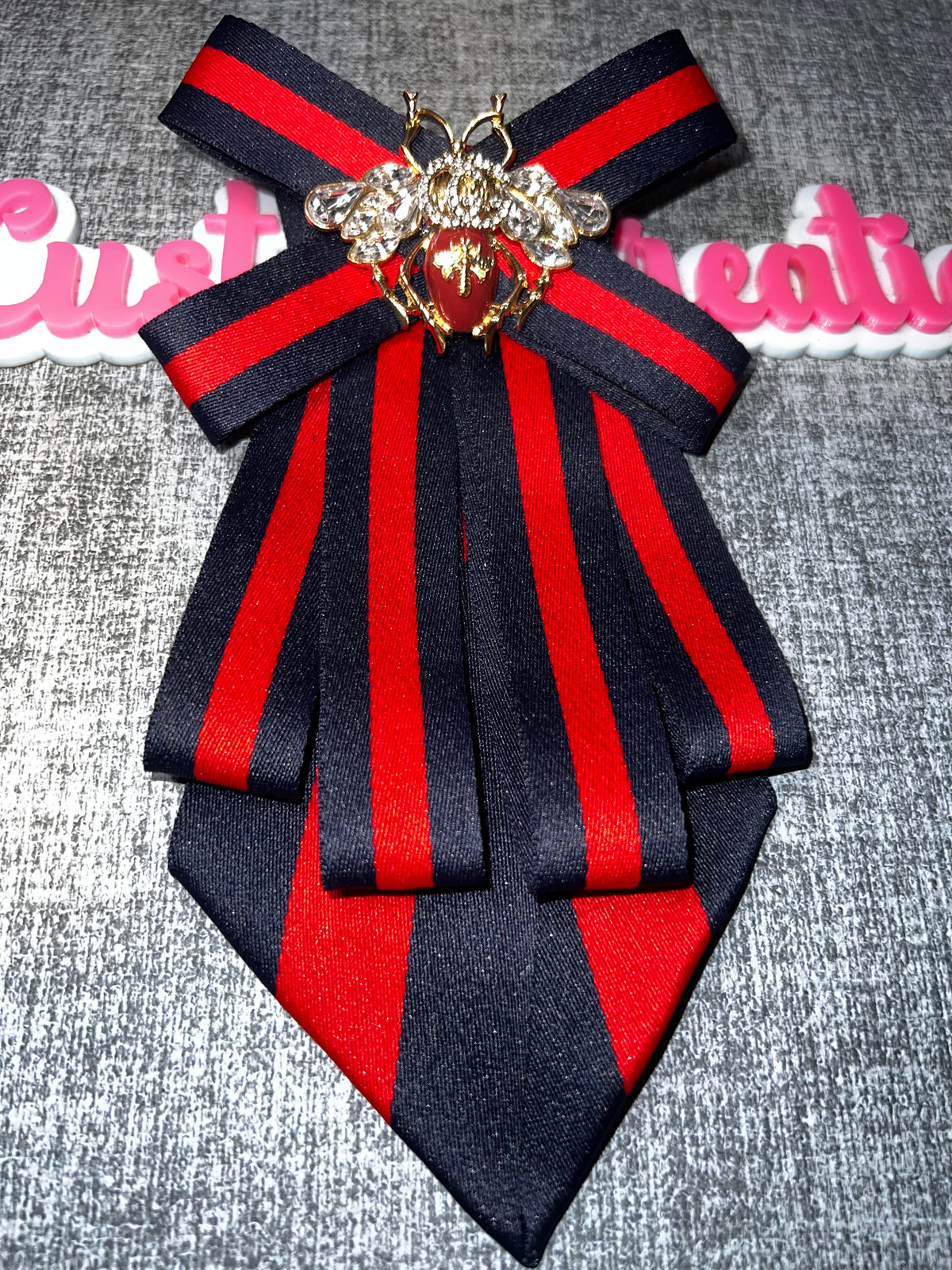 Navy Red Jeweled Bee Bow Brooch – Layered Statement Fashion Pin