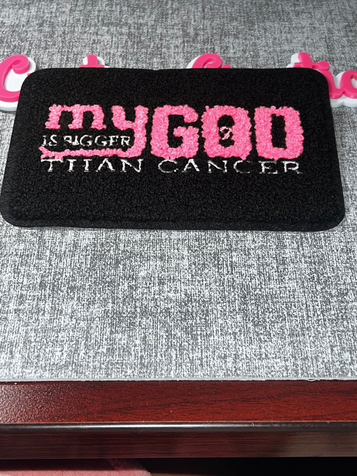 My God Is Bigger Than Cancer Embroidered Patch – Faith Inspirational Iron On Patch, Christian Awareness Patch, Statement Jacket Applique
(Medium)