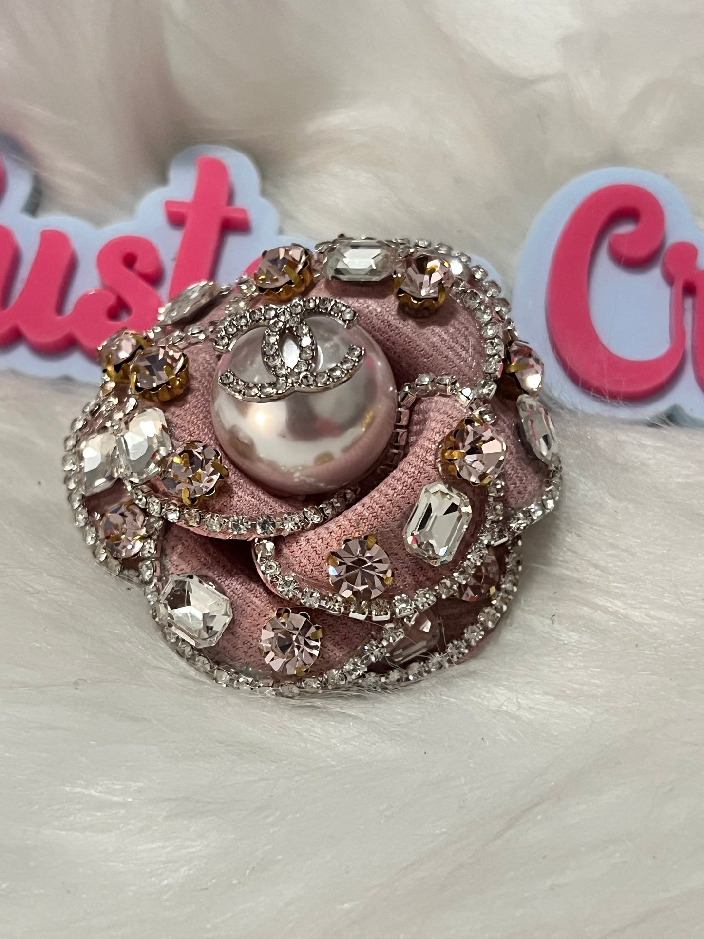 Pink Rose Rhinestone CC Brooch