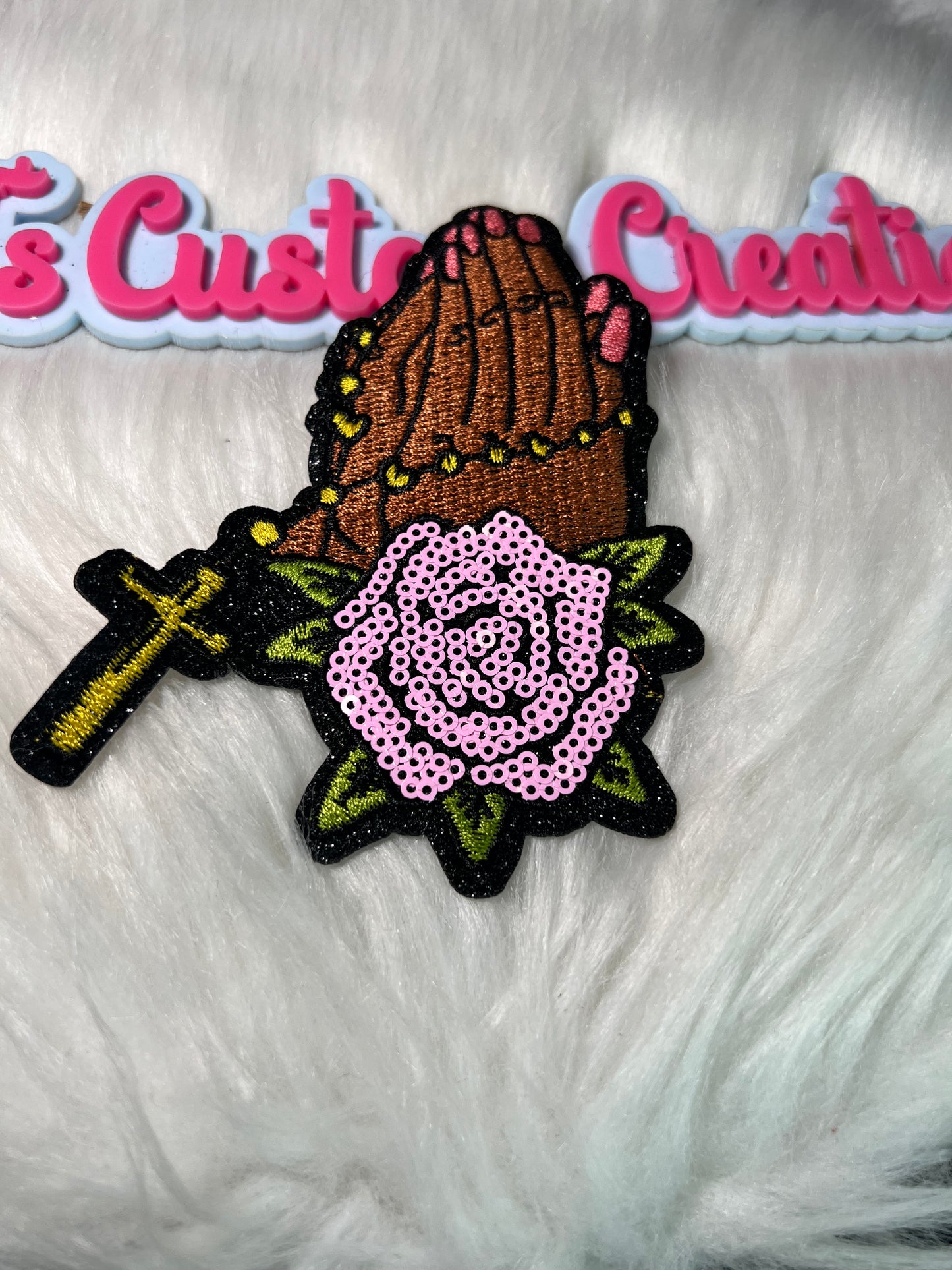 Pink Sequin Rose Prayer Hands