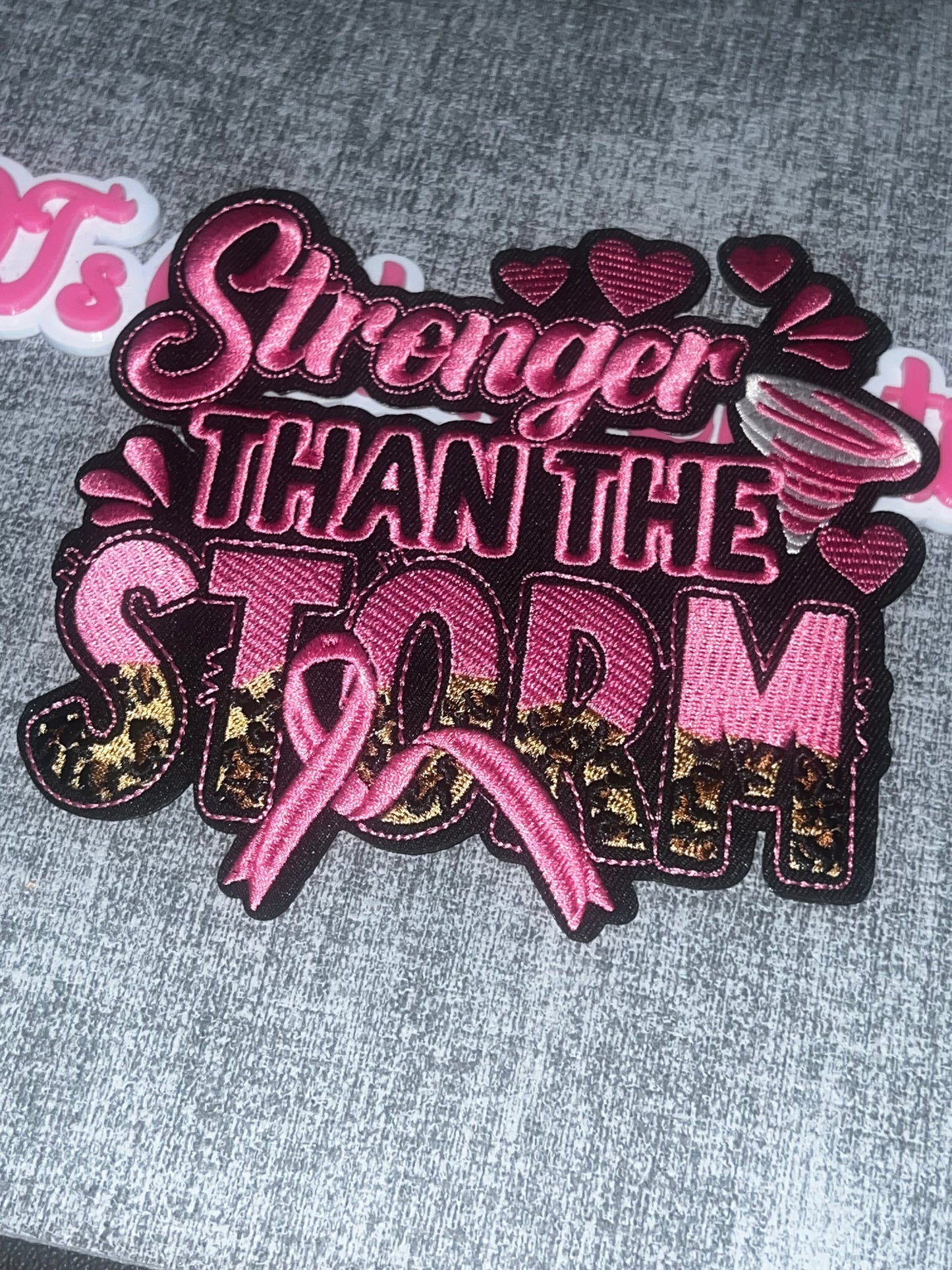 Stronger Than the Storm Pink Ribbon Medium Embroidered Iron-On Patch Cancer