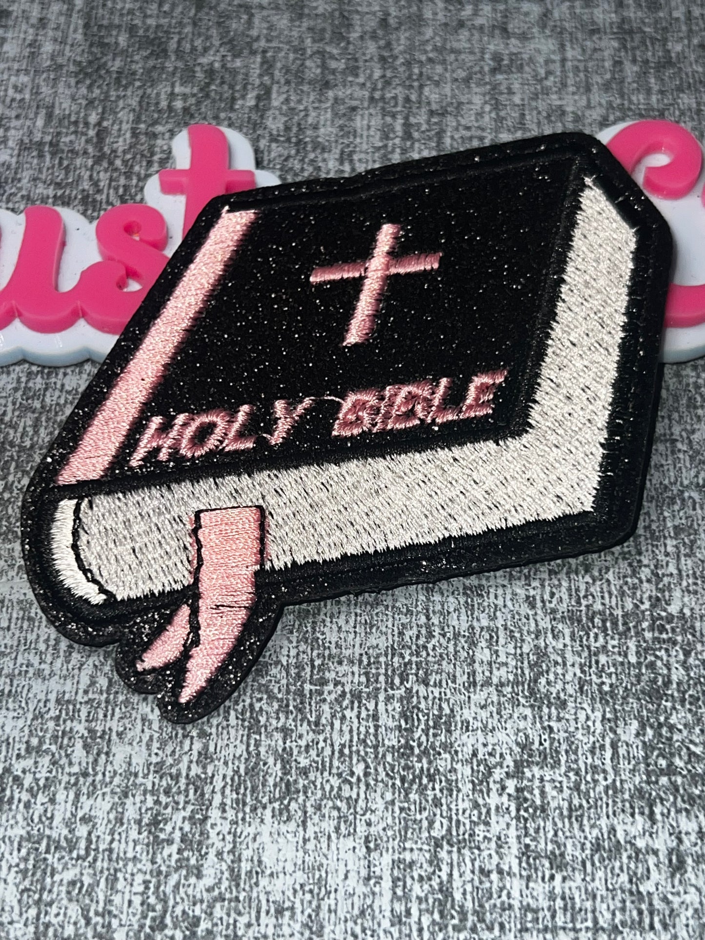 Holy Bible Patch Pink | Book Shape Iron On Patch, Embroidered Faith Applique, DIY Jacket Bag Hat Patch