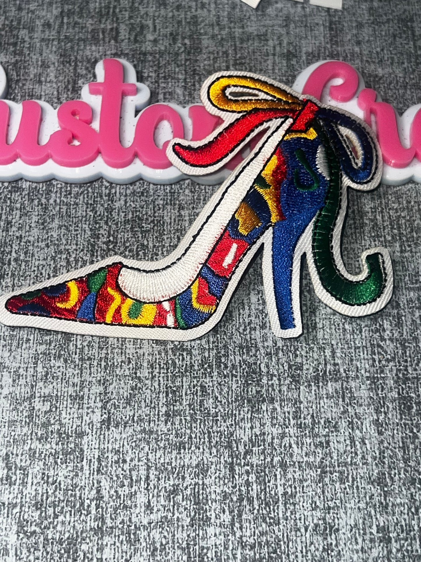Multicolor High Heel Shoe Embroidered Iron-On Patch | Fashion Shoe Applique for Jackets and Bags OES Colors