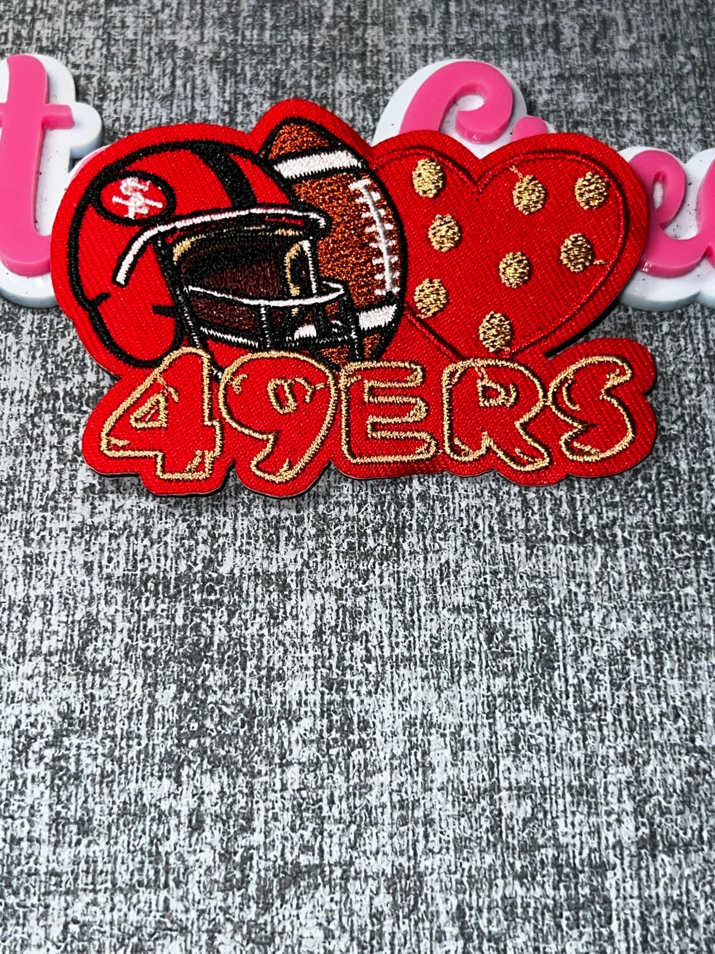 Red Helmet Heart 49ERS Embroidered Iron-On Patch – Sports Fan Appliqué