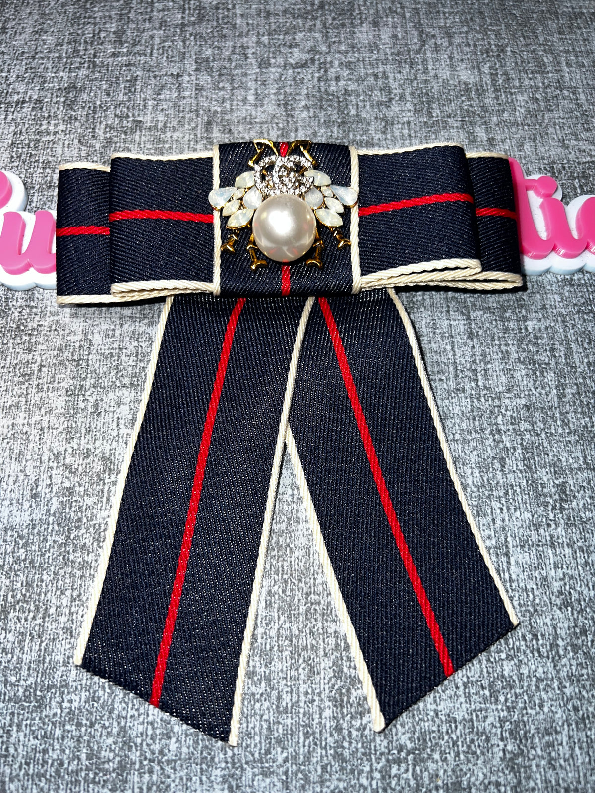 Navy Blue Red Pearl Bee Bow Brooch – Striped Statement Fashion Pin