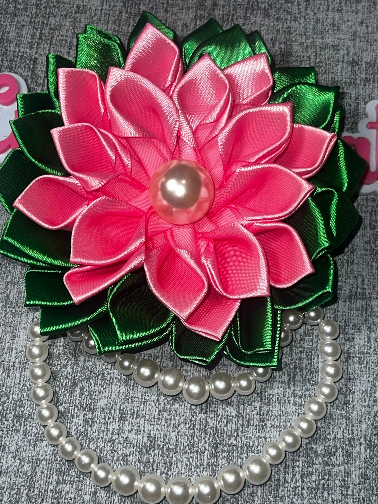 Pink & Green Satin Ribbon Flower Brooch Pin | Pearl Accent Floral Brooch Aka colors