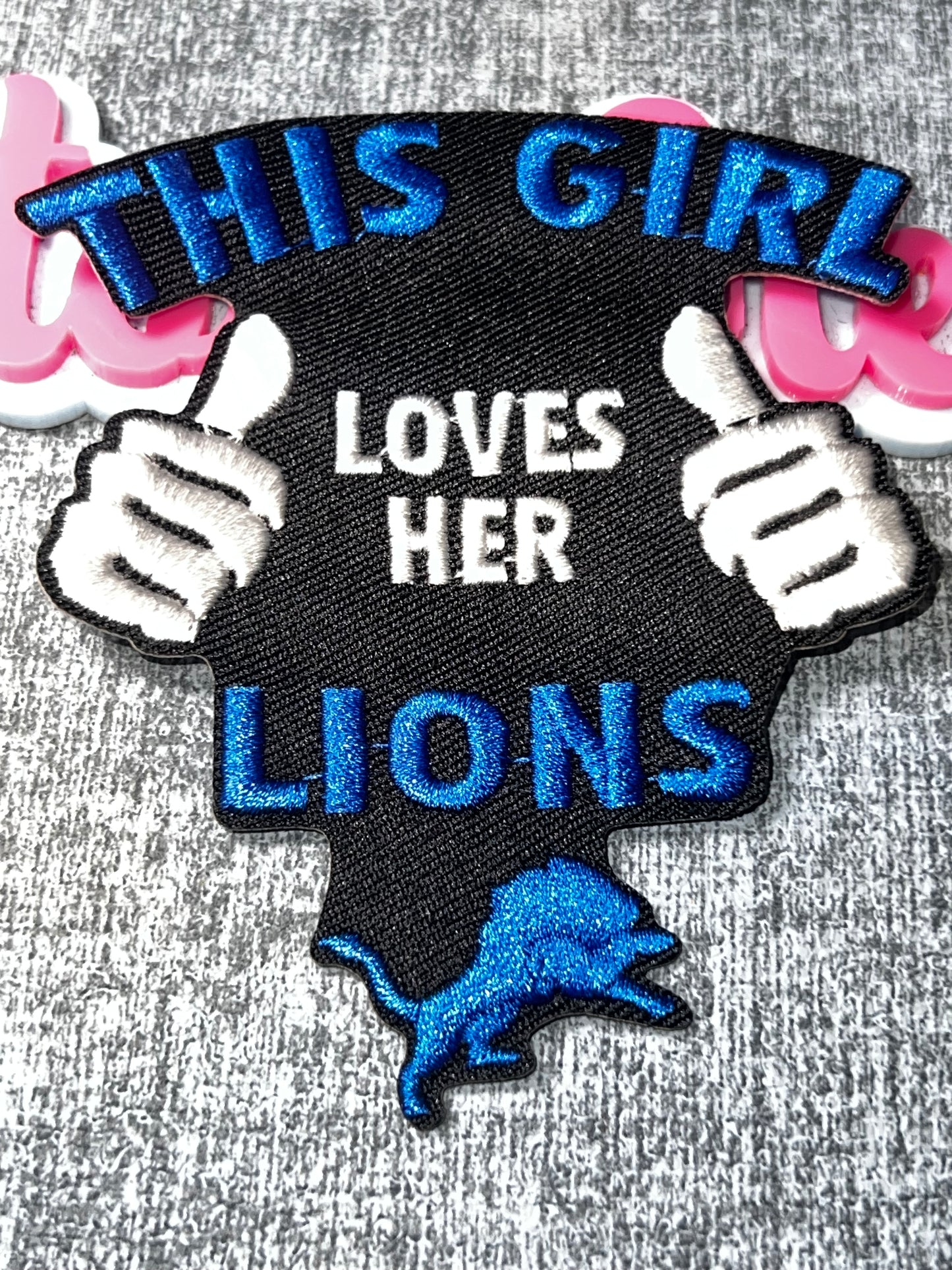 Blue, Black & White “This Girl Loves Her Lions” Embroidered Patch – Statement Applique