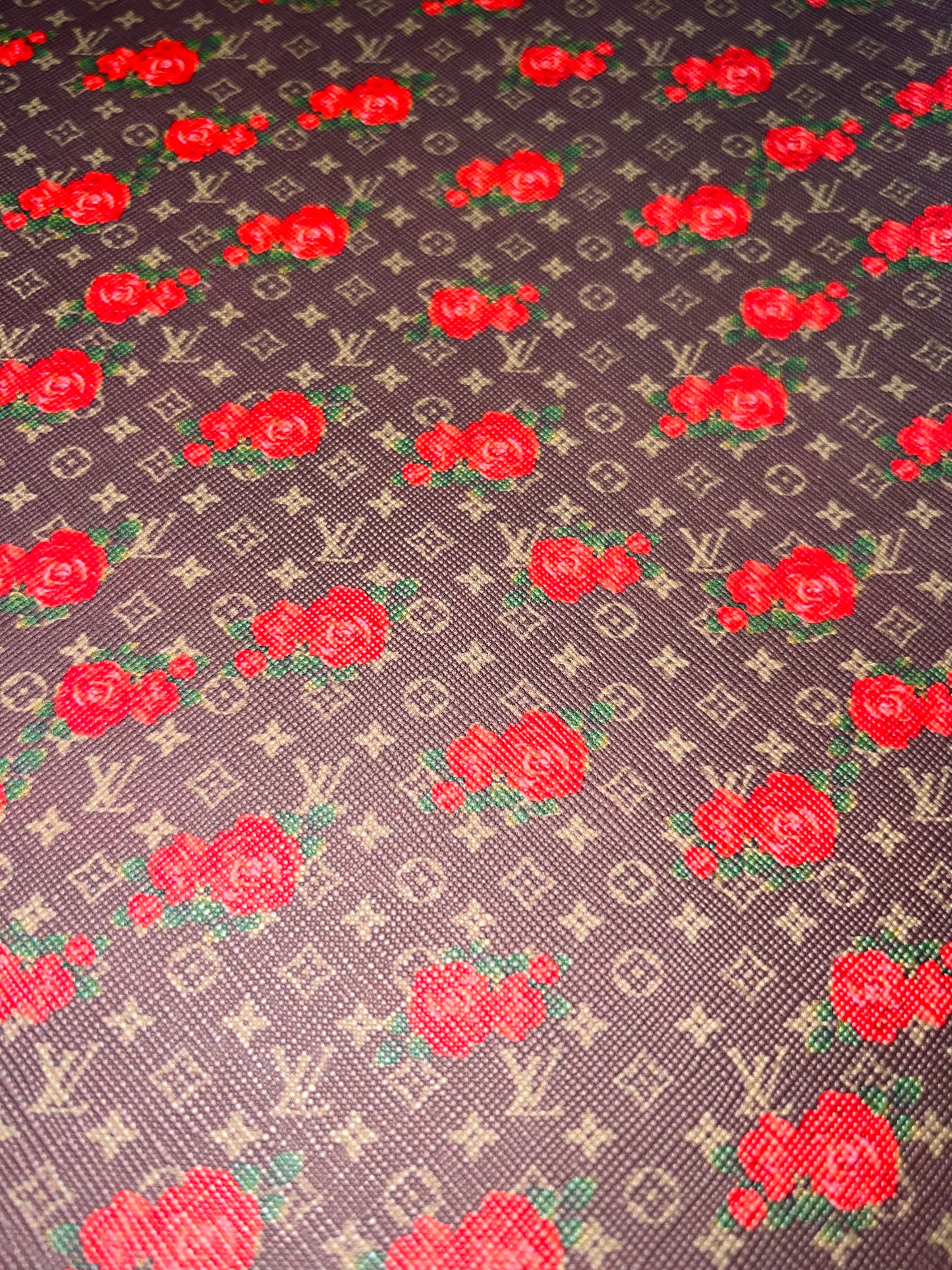 Brown & Red Rose Monogram Style Faux Leather Sheet – 9x12