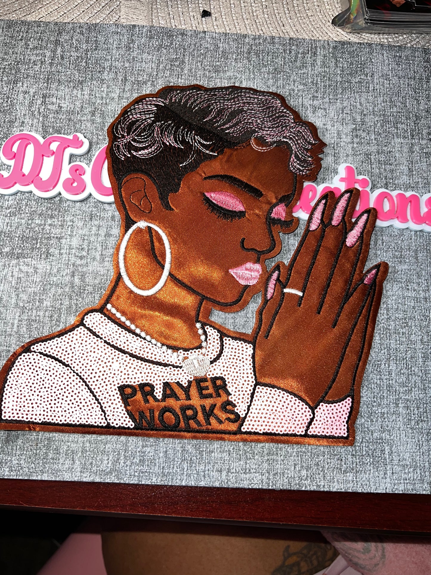 Prayer Works Side Profile Patch – Embroidered Sequin Applique (Pink Detail) Large