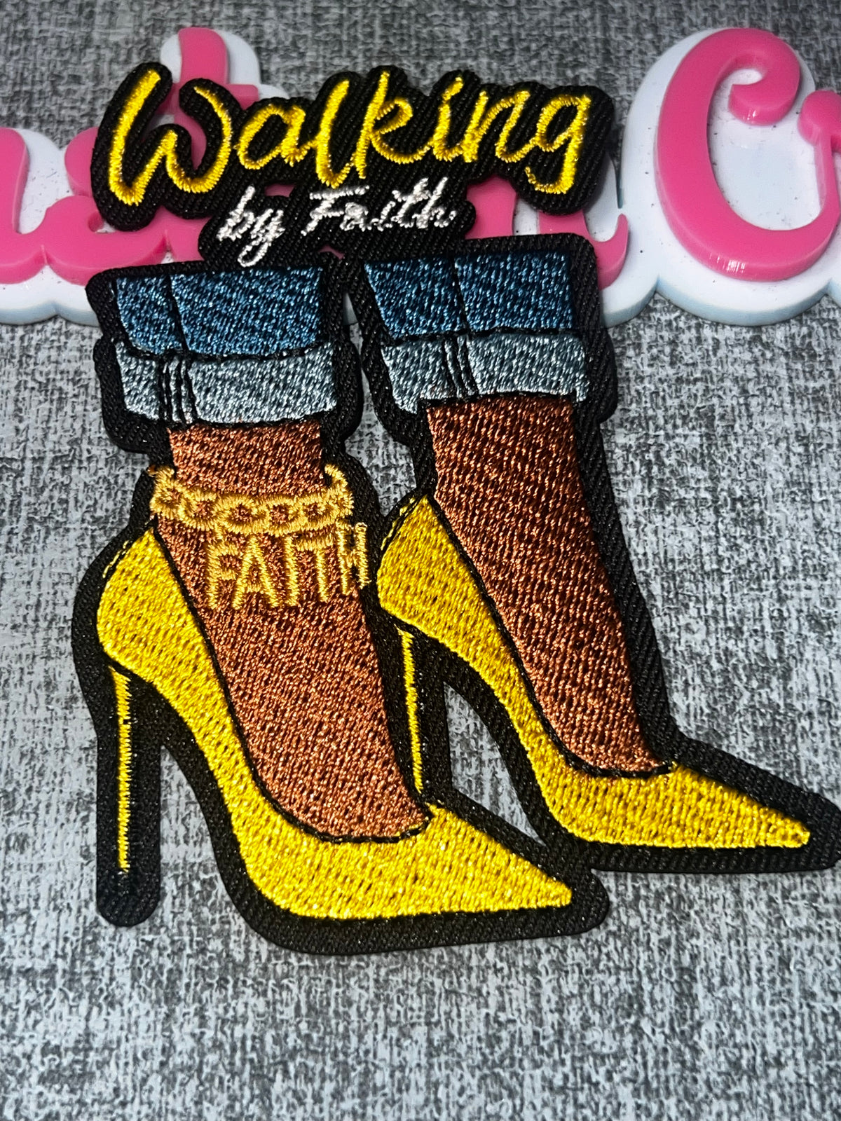 Walking by Faith Yellow High Heel Patch – Embroidered Iron-On Applique