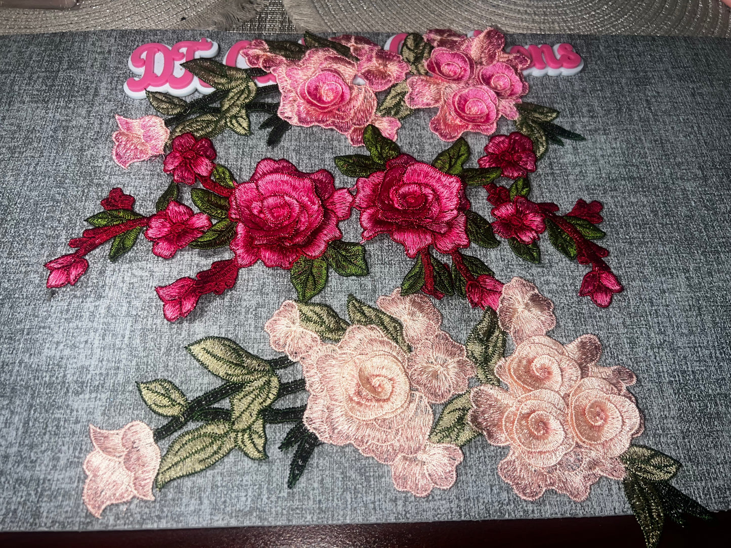 Pink Floral Embroidered Iron-On Applique Set | 3-Piece Rose Flower Vine Patch Collection | DIY Clothing Embellishment
