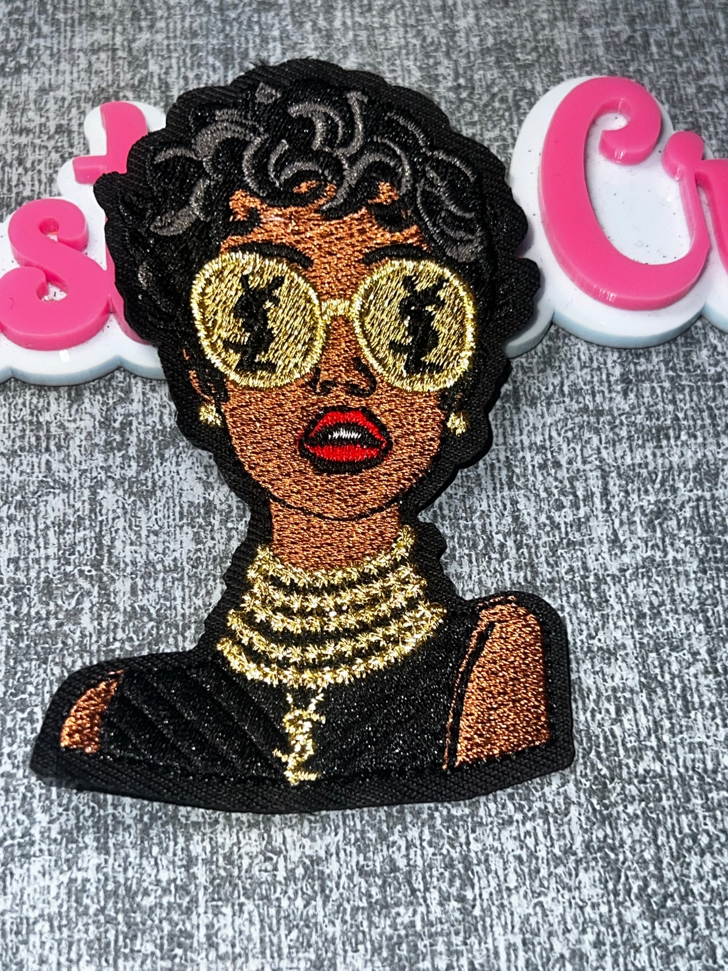 Fashion Diva Embroidered Iron-On Patch – Gold Sunglasses Applique for Jackets, Bags & DIY Crafts