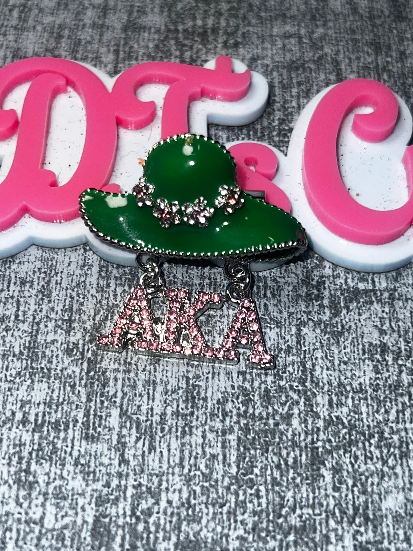 Green Wide Brim Hat Pink Rhinestone Letter Brooch Pin – Statement Jewelry AKA Colors