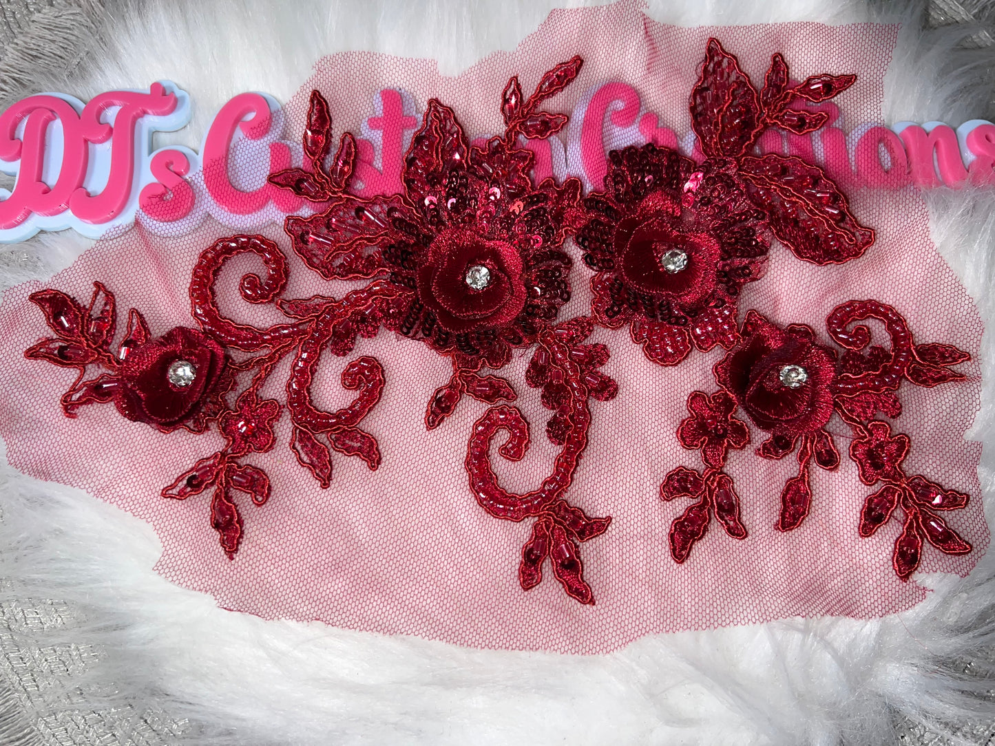 ❤️ Deep Red 3D Floral Sequin Appliqué – Sew or Glue On