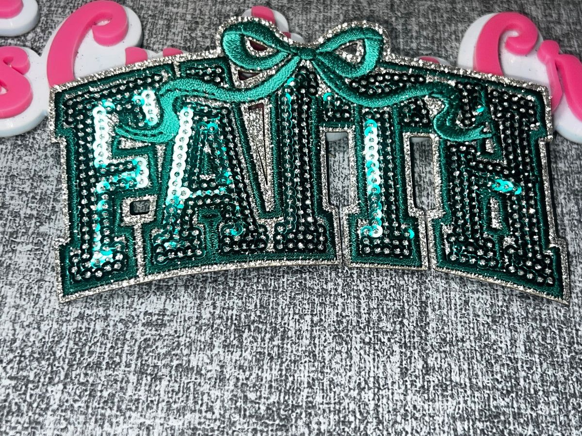 Teal Sequin “Faith” Bow Patch – Rhinestone Embroidered Applique