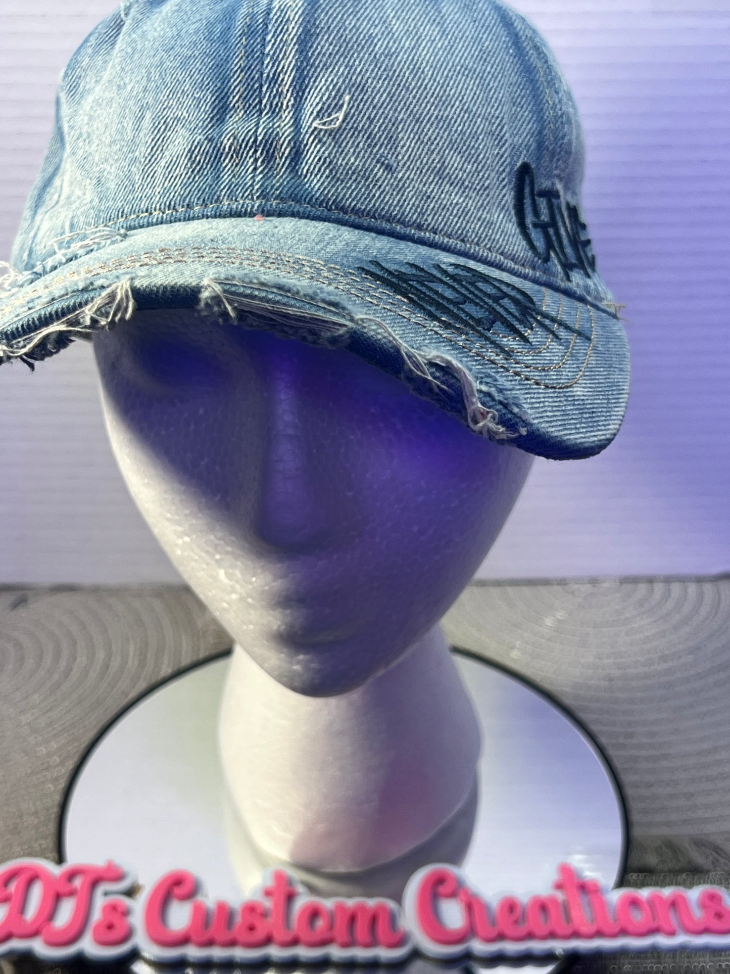 “Never Give Up” Denim Hat (Light Wash – Navy Stitch)
