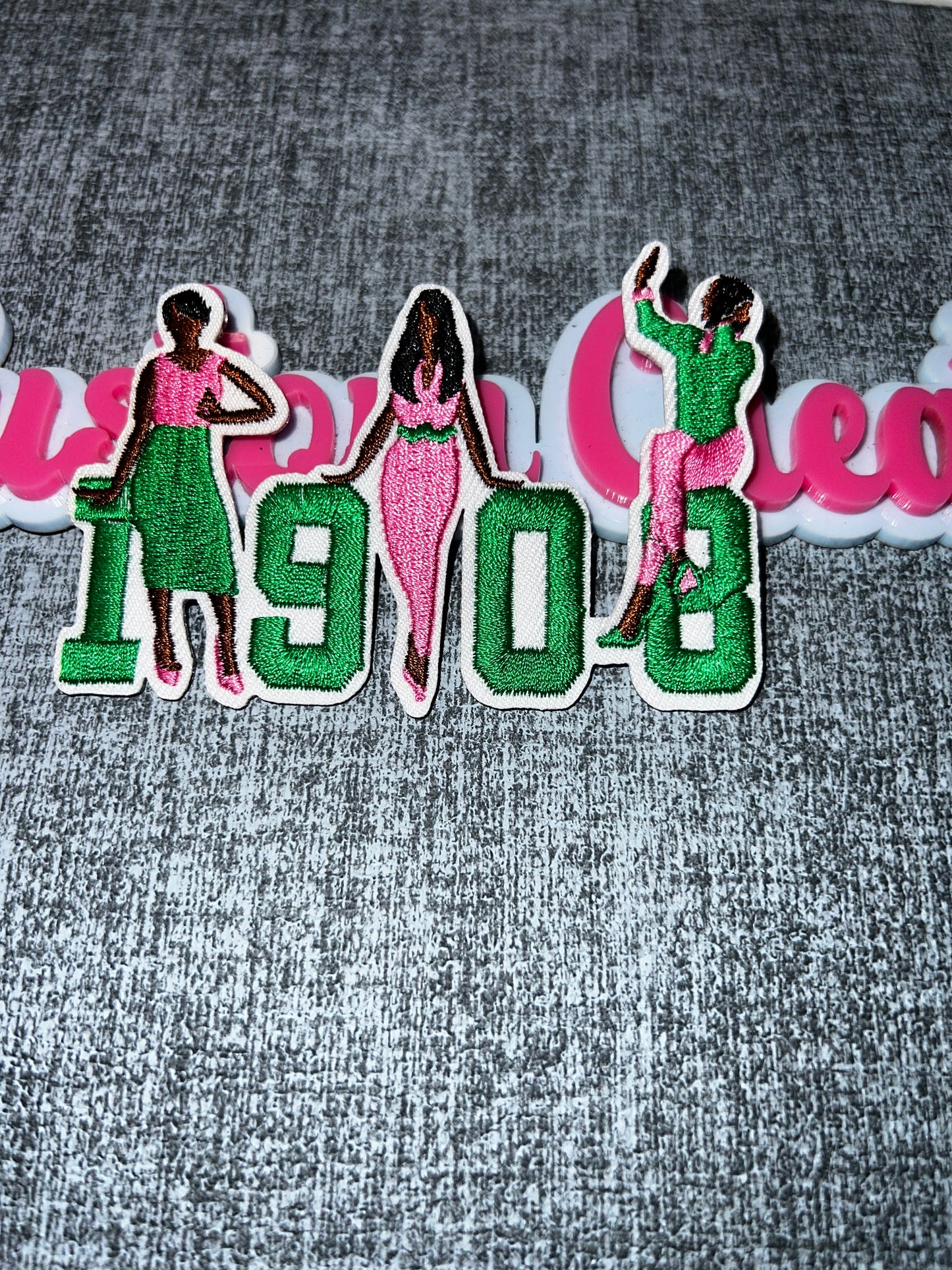 1908 Sisterhood Iron-On Patch – Pink & Green Embroidered Chenille Patch