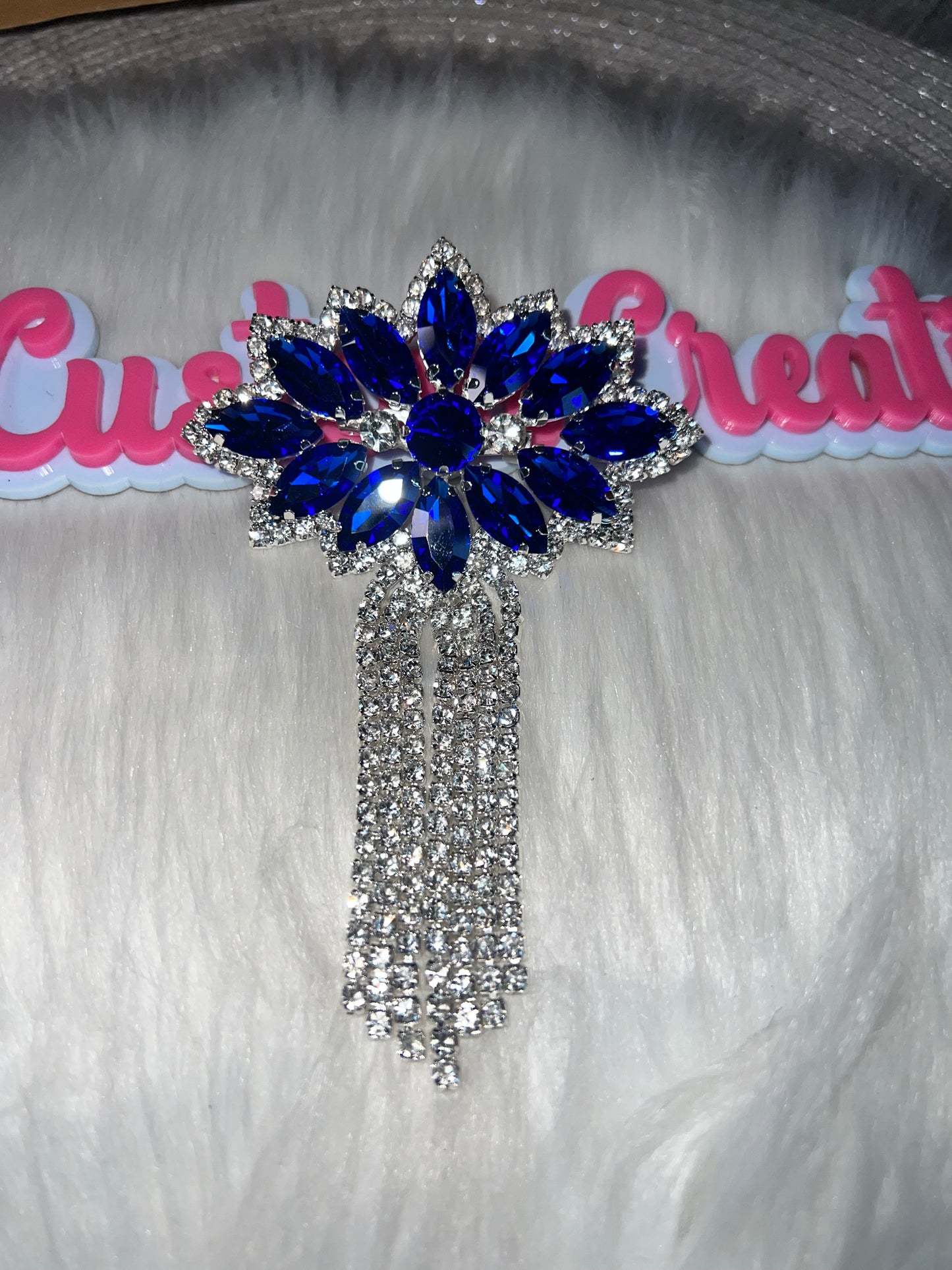 ππ Royal Blue Crystal Flower Brooch Pin with Fringe