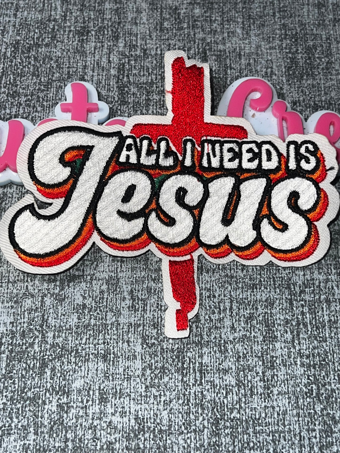 Red, White & Black “All I Need Is Jesus” Embroidered Patch – Faith Statement Iron On Applique