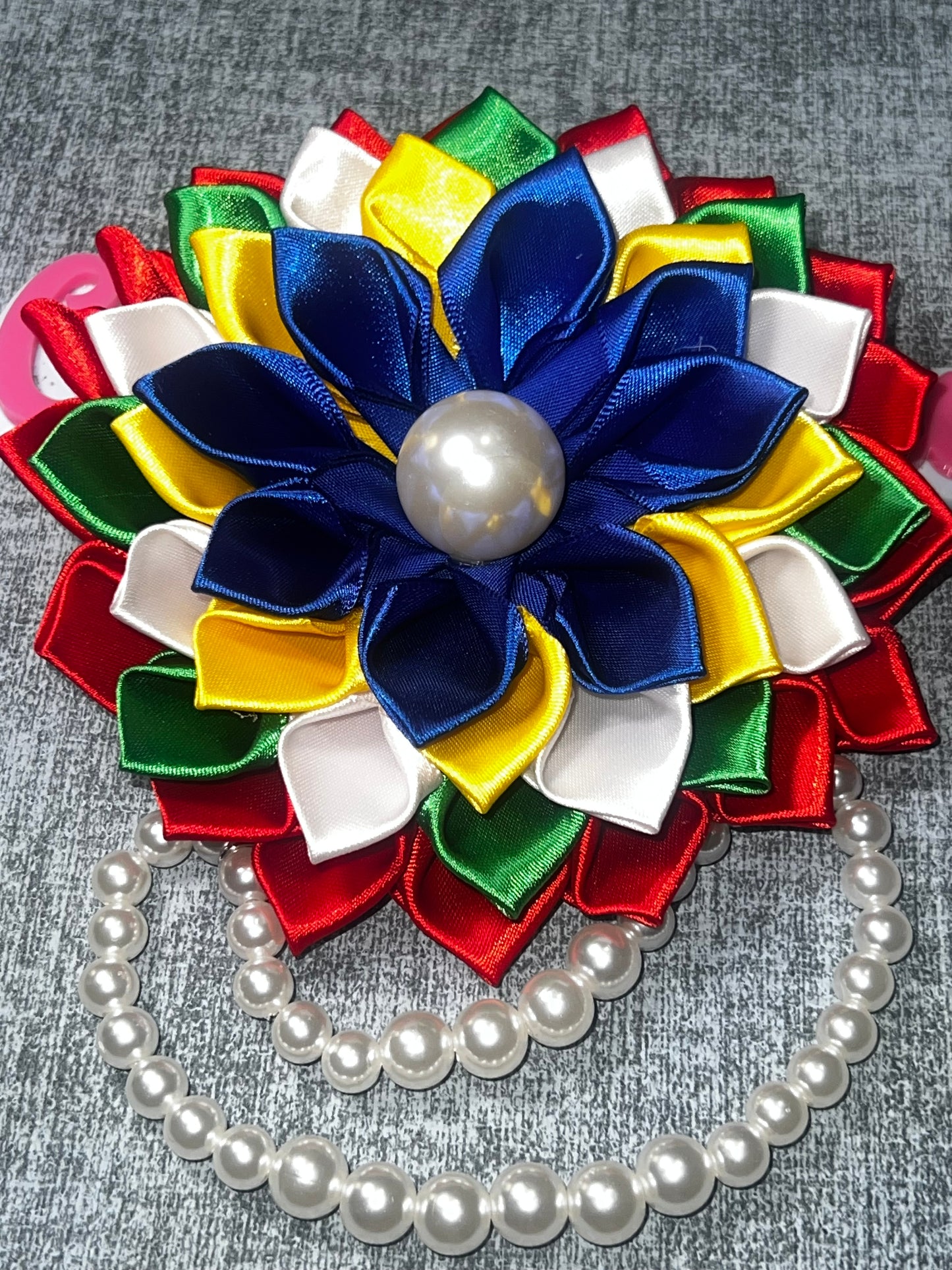 Multicolor Satin Ribbon Flower Brooch Pin | Pearl Accent Floral Brooch OES colors
