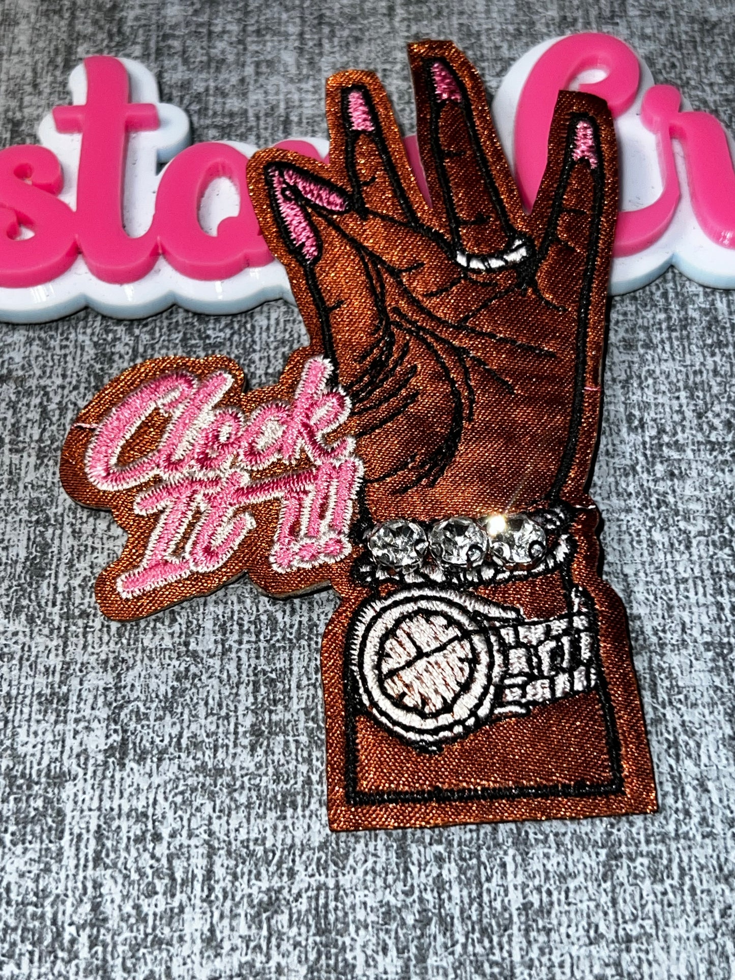 Clock It Hand Patch – Pink Nails Rhinestone Watch Embroidered Iron On Patch – Brown Skin Tone Applique – Approx. 4 Inch