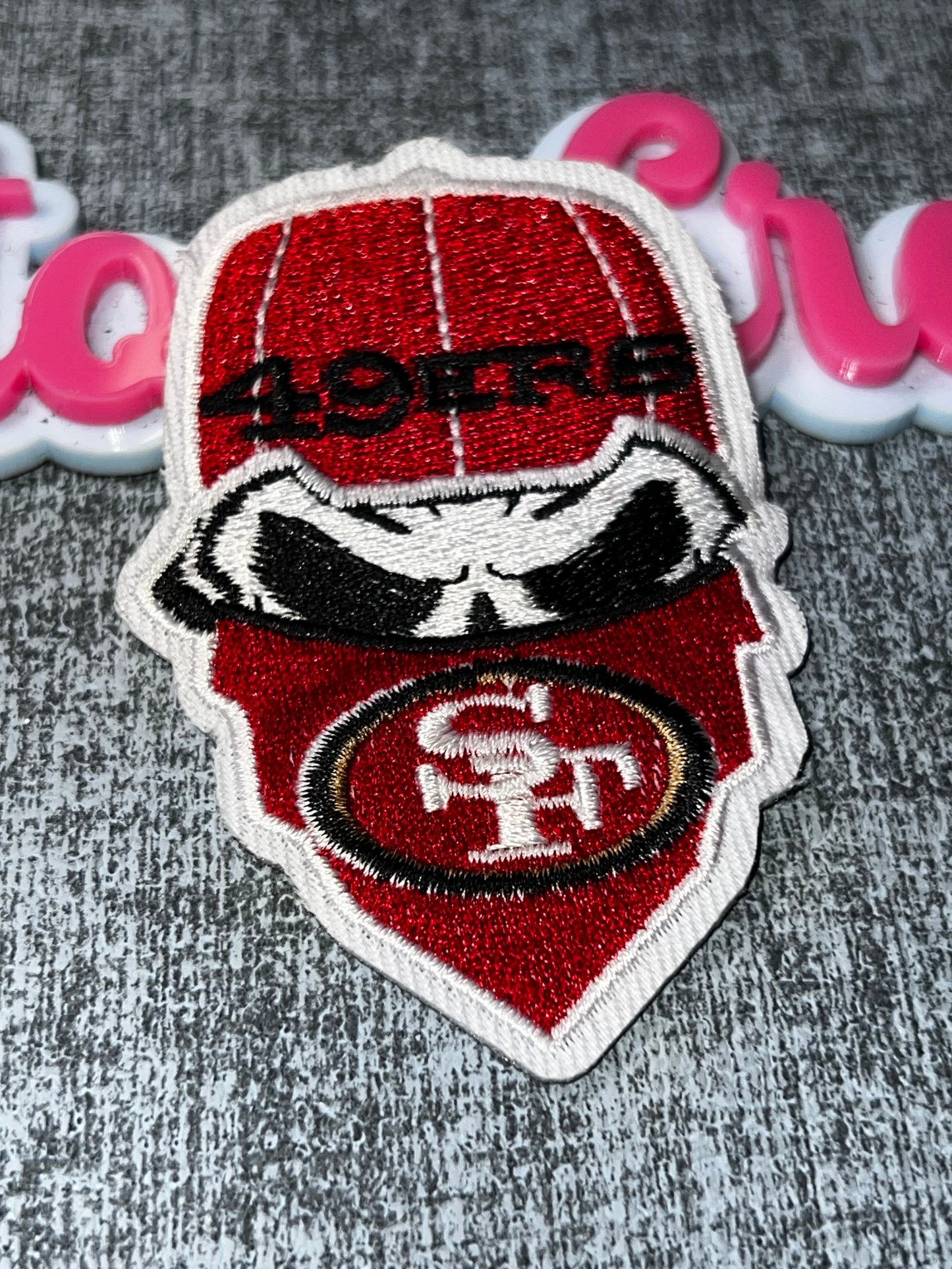 Red Face Mask Embroidered Iron-On Patch – Sports Fan Skull Mask Appliqué