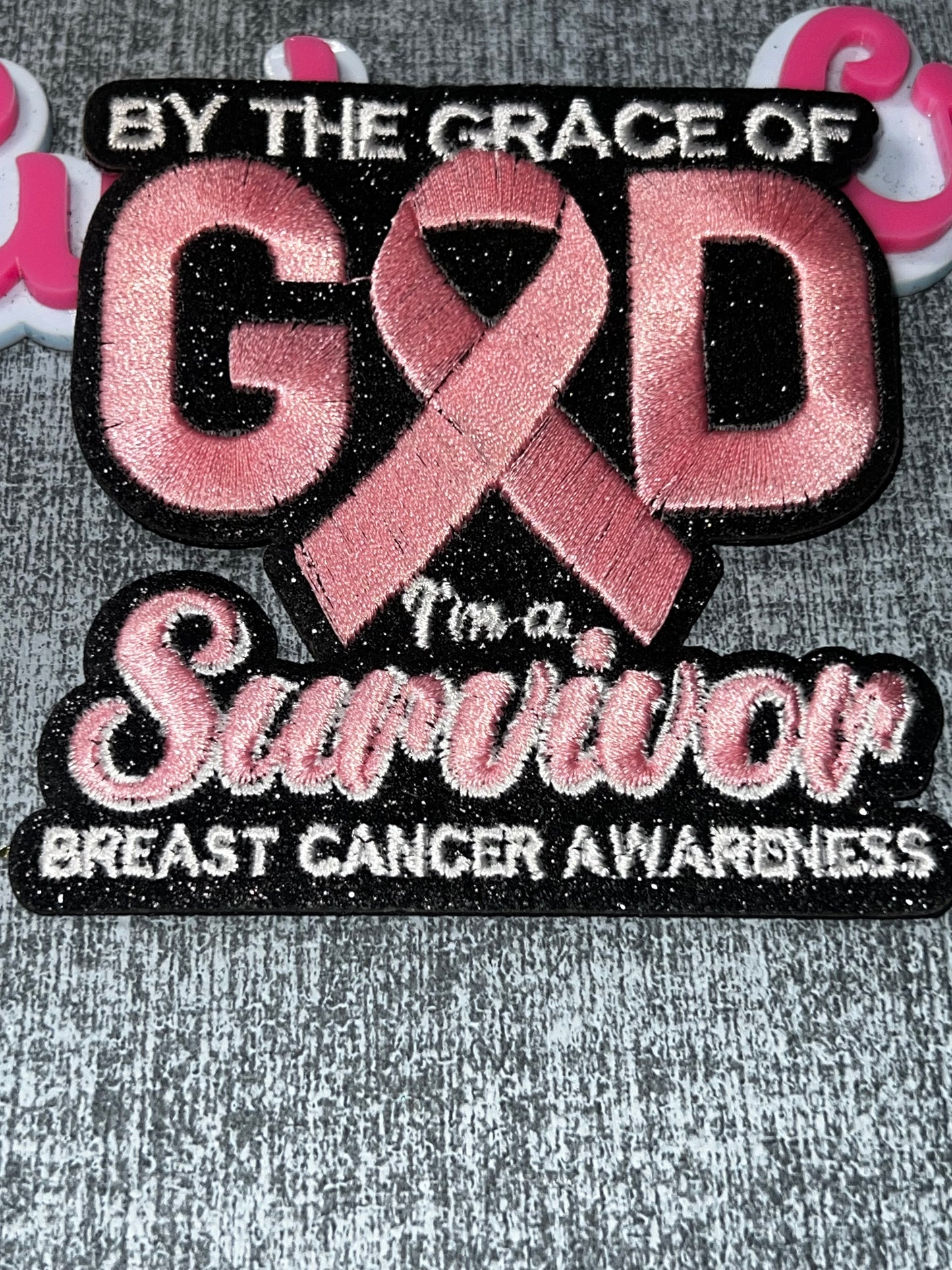 By The Grace of God Survivor Pink Ribbon Embroidered Patch – Awareness Iron On Applique