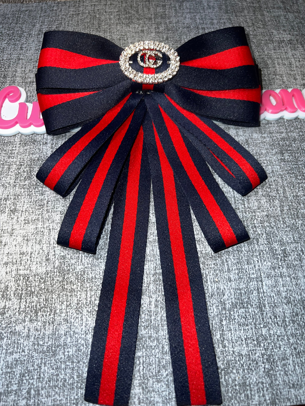 Navy Red Rhinestone Medallion Bow Brooch – Long Tail Statement Pin
