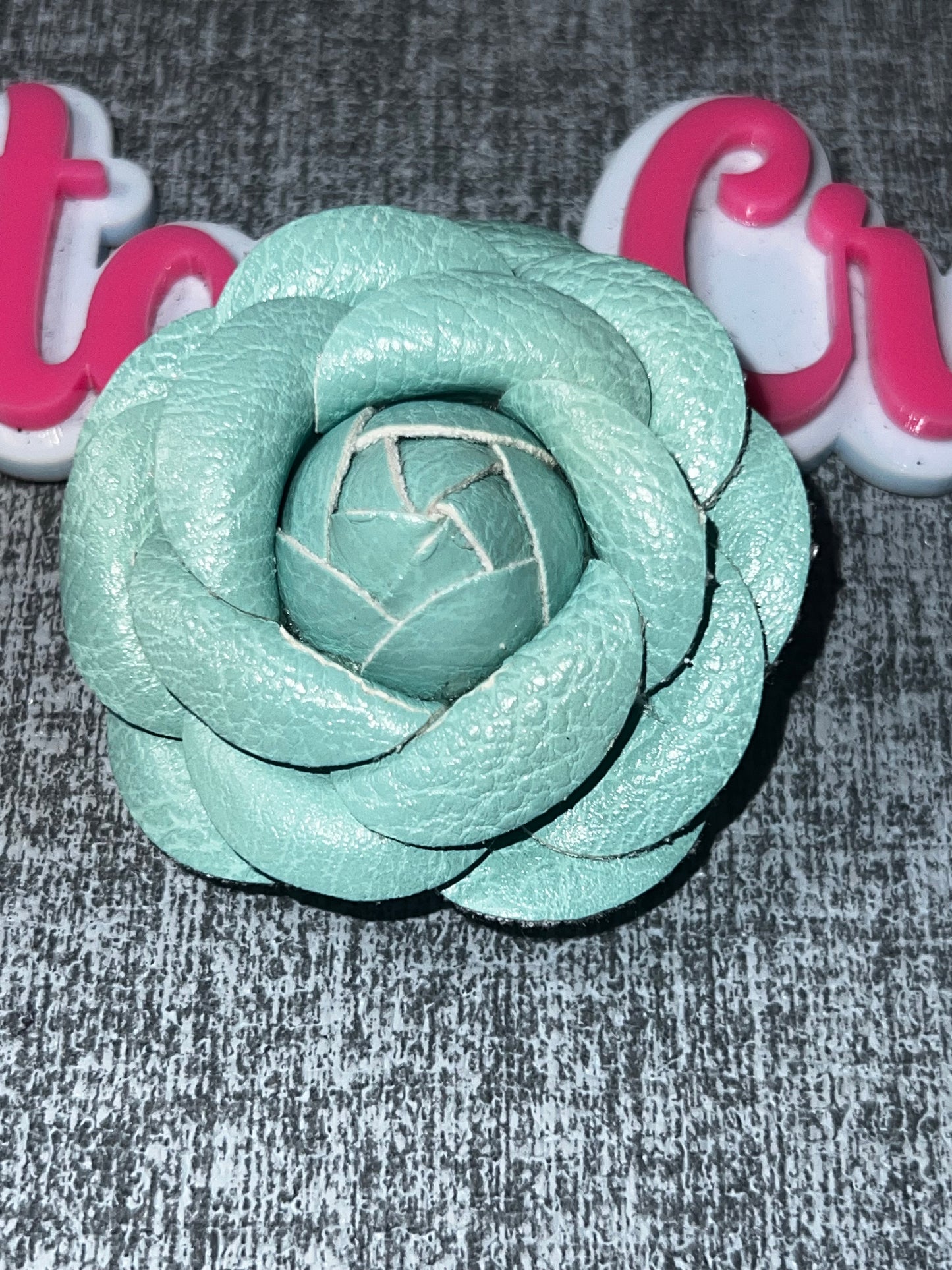 Title:
Mint Faux Leather Flower Brooch – Handmade Flower Leather Flower Pin, Hat Accessory, Bag Charm