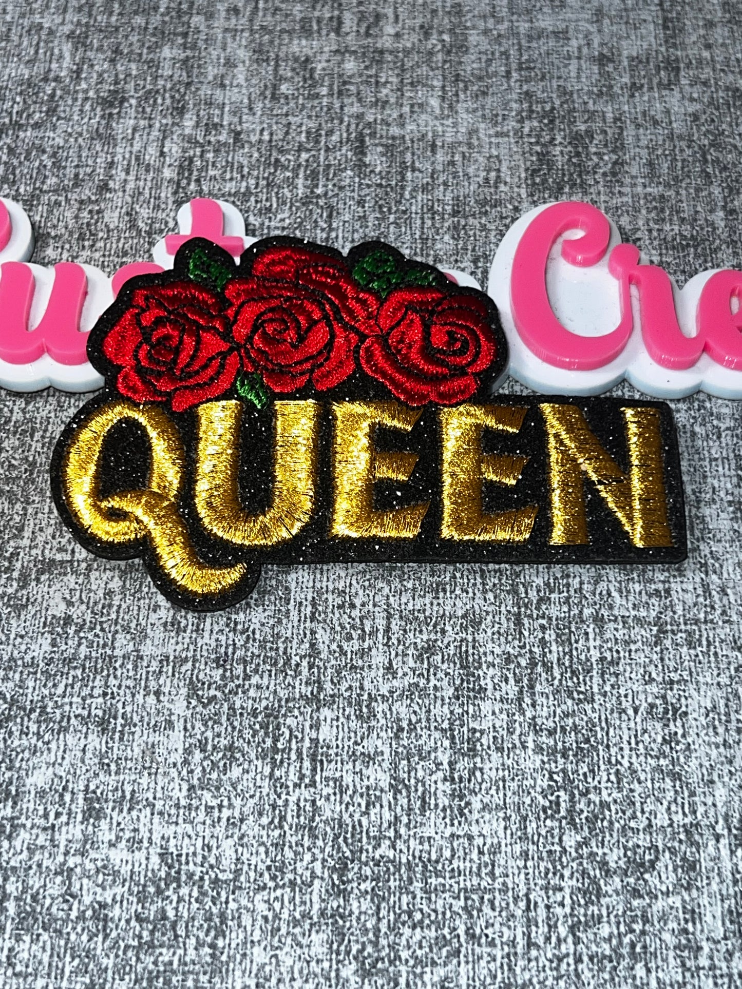 Queen Rose Embroidered Patch – Floral Iron On Patch, Gold Letter Patch, Jacket Patch, DIY Clothing Applique