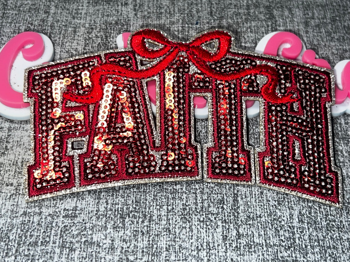 Red Sequin “Faith” Bow Patch – Rhinestone Embroidered Applique