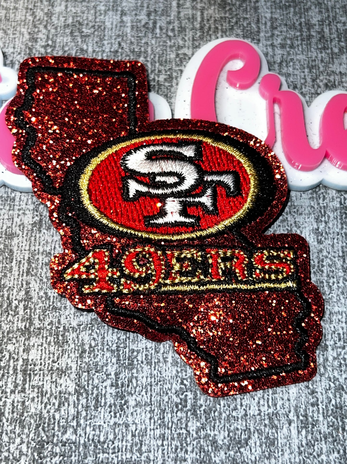 Red Glitter Oval Letter State Embroidered Iron-On Patch | Statement Appliqué