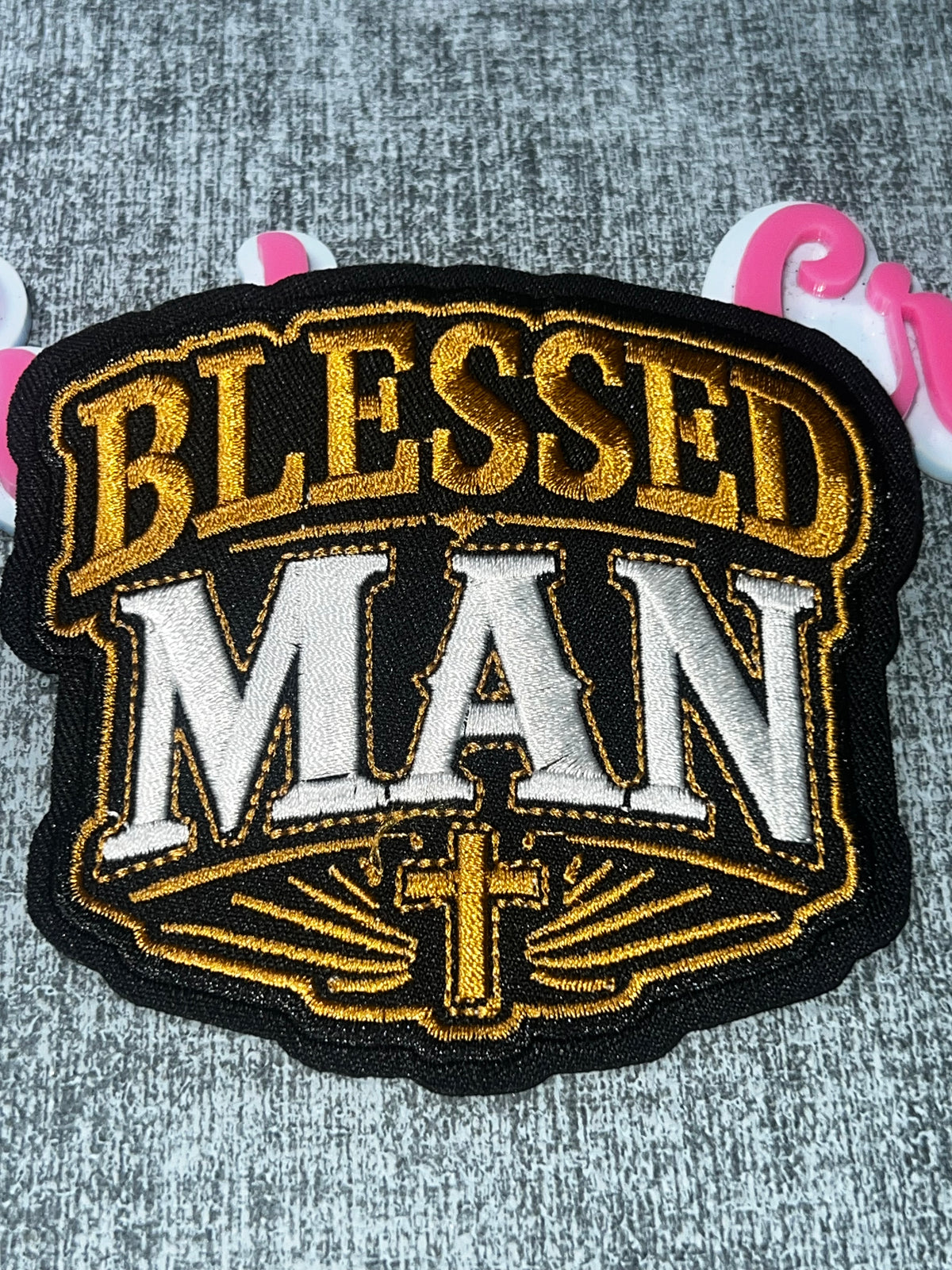 Blessed Man Faith Cross Patch – Embroidered Iron-On Applique