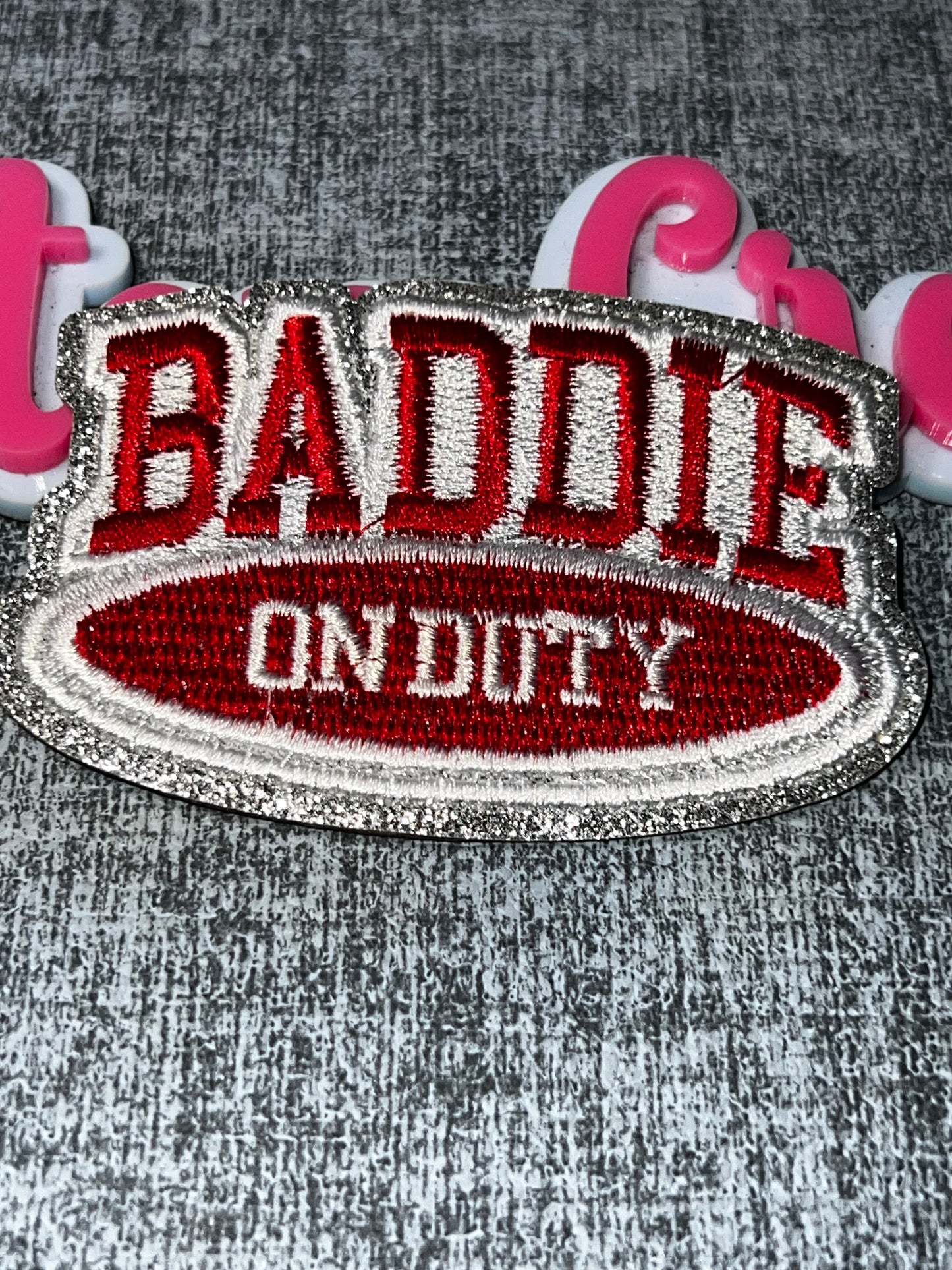 Baddie On Duty Embroidered Patch – Red & Silver Glitter Iron On Applique – Fashion Statement Patch – Approx. 4 Inch