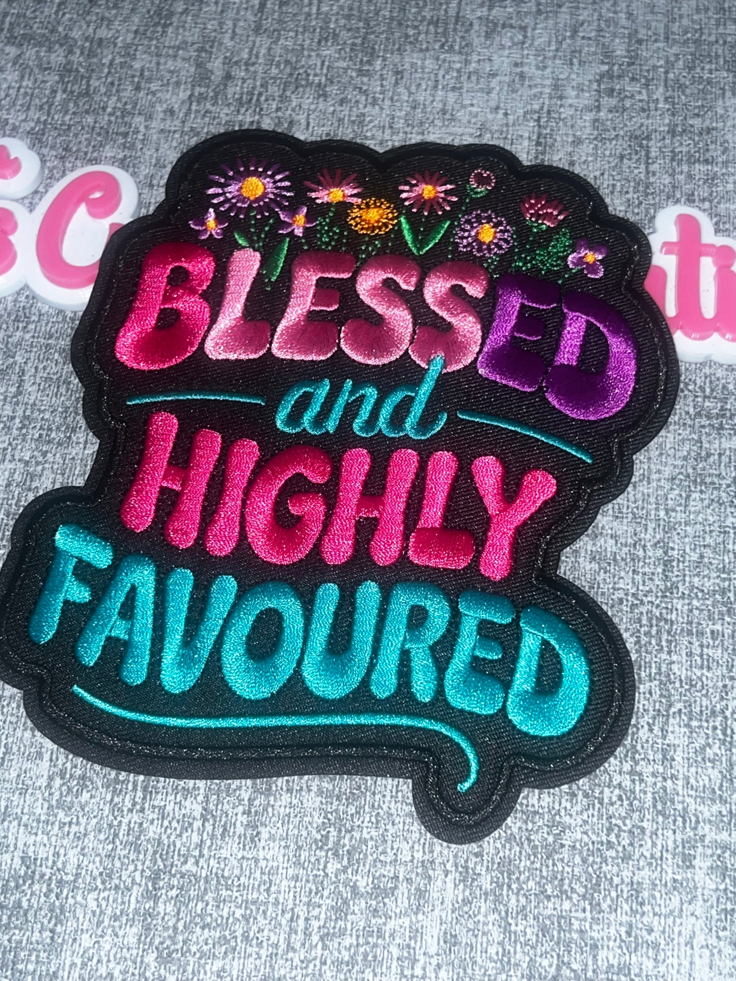 Blessed and Highly Favoured Floral Medium Embroidered Iron-On Patch